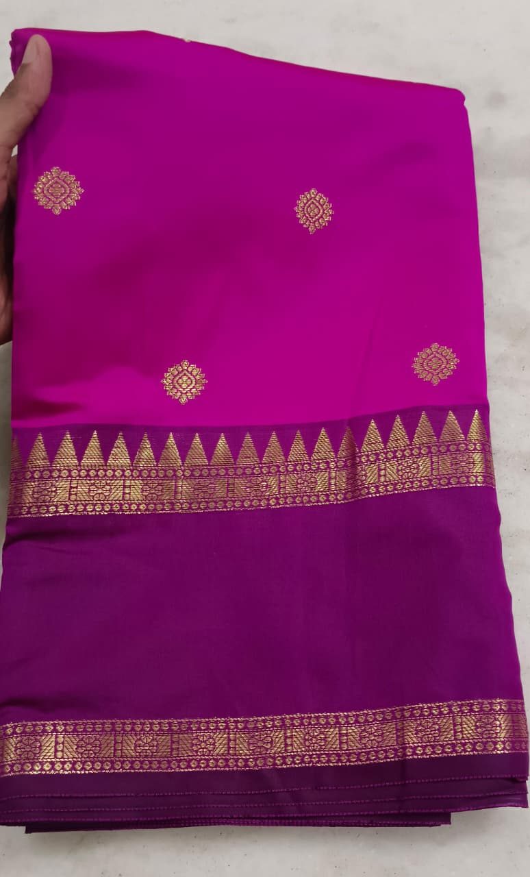 Rani Pink Soft Katan Silk Saree with Gold Temple Border