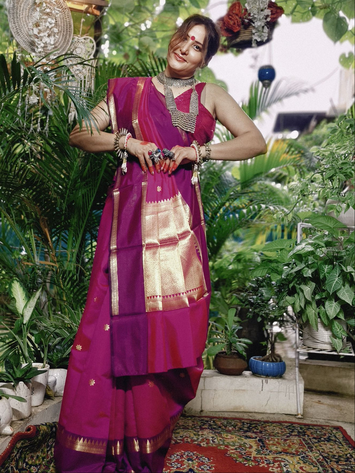 Rani Pink Soft Katan Silk Saree with Gold Temple Border
