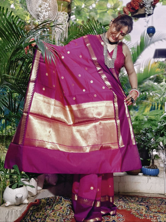 Rani Pink Soft Katan Silk Saree with Gold Temple Border