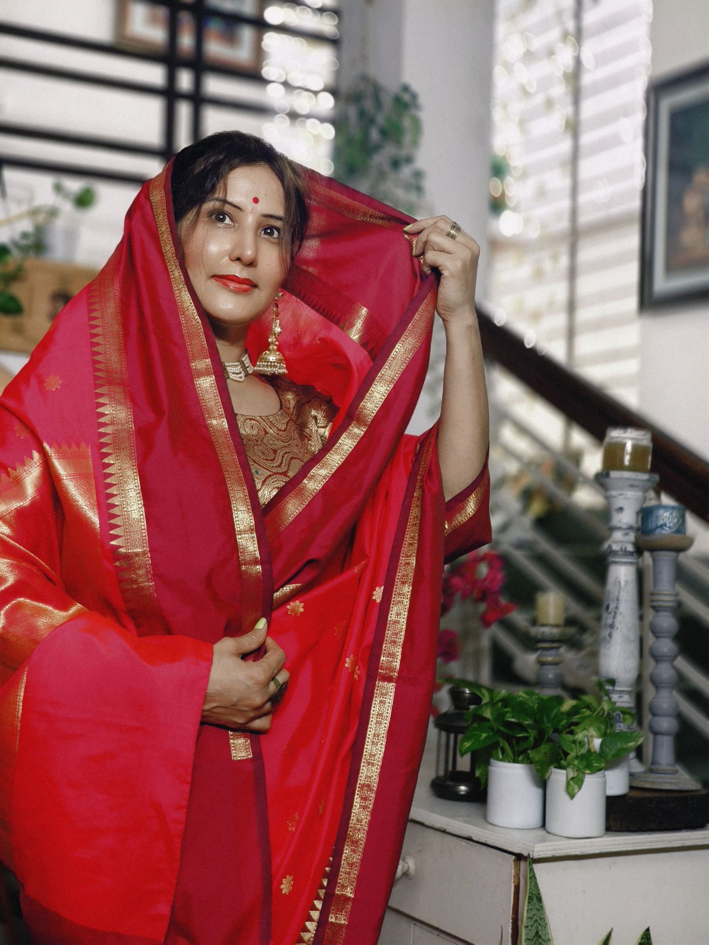 Rani Pink Soft Katan Silk Saree with Red  emple Border