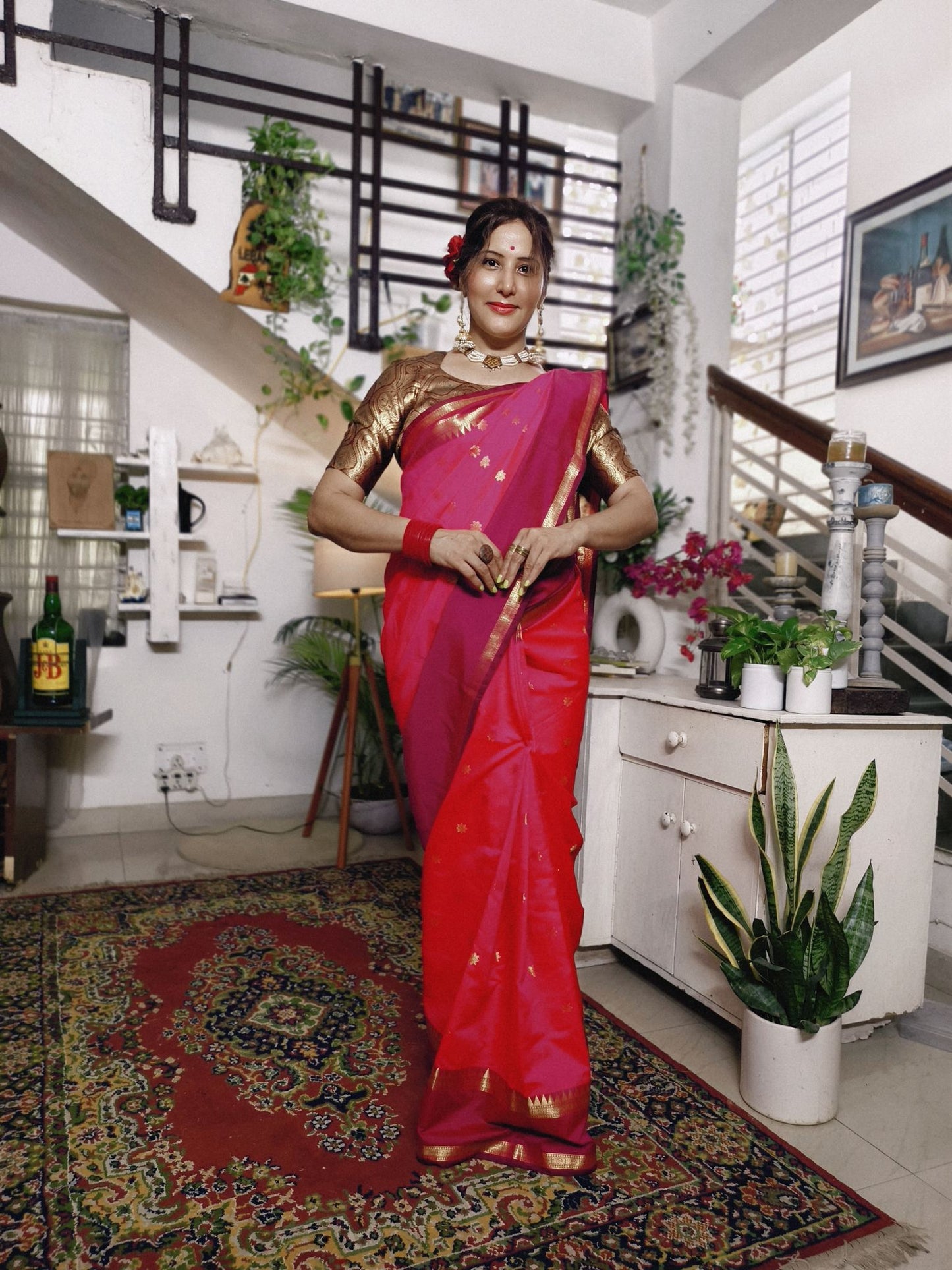 Rani Pink Soft Katan Silk Saree with Red  emple Border