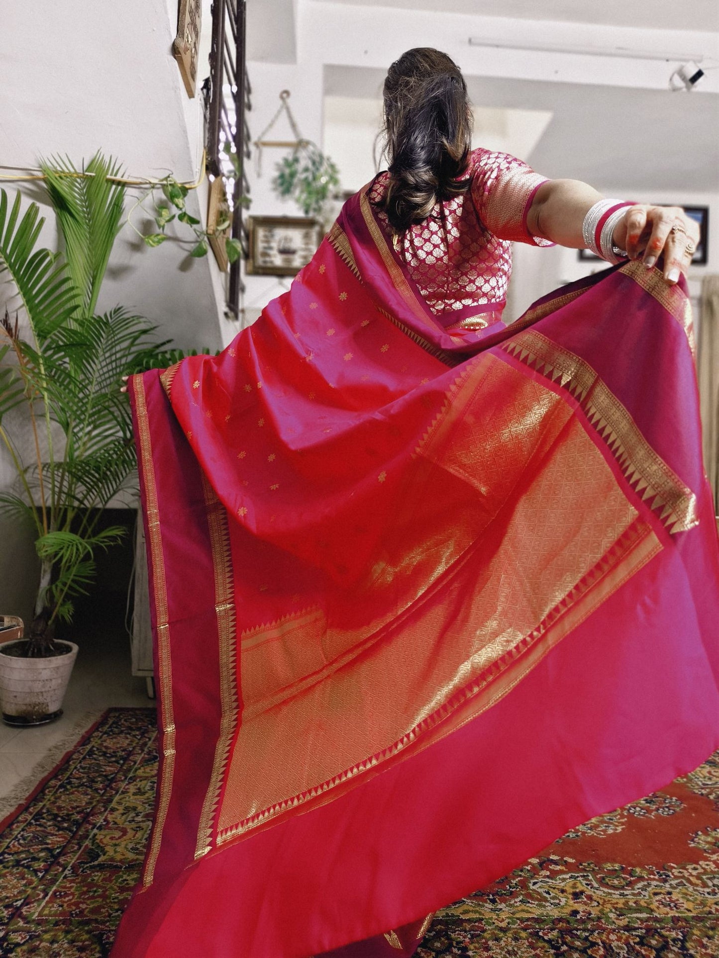 Rani Pink Soft Katan Silk Saree with Red  emple Border