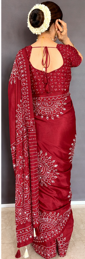 Red Mirror Work Art Silk Printed Saree