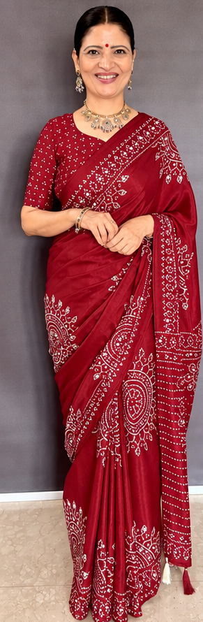 Red Mirror Work Art Silk Printed Saree