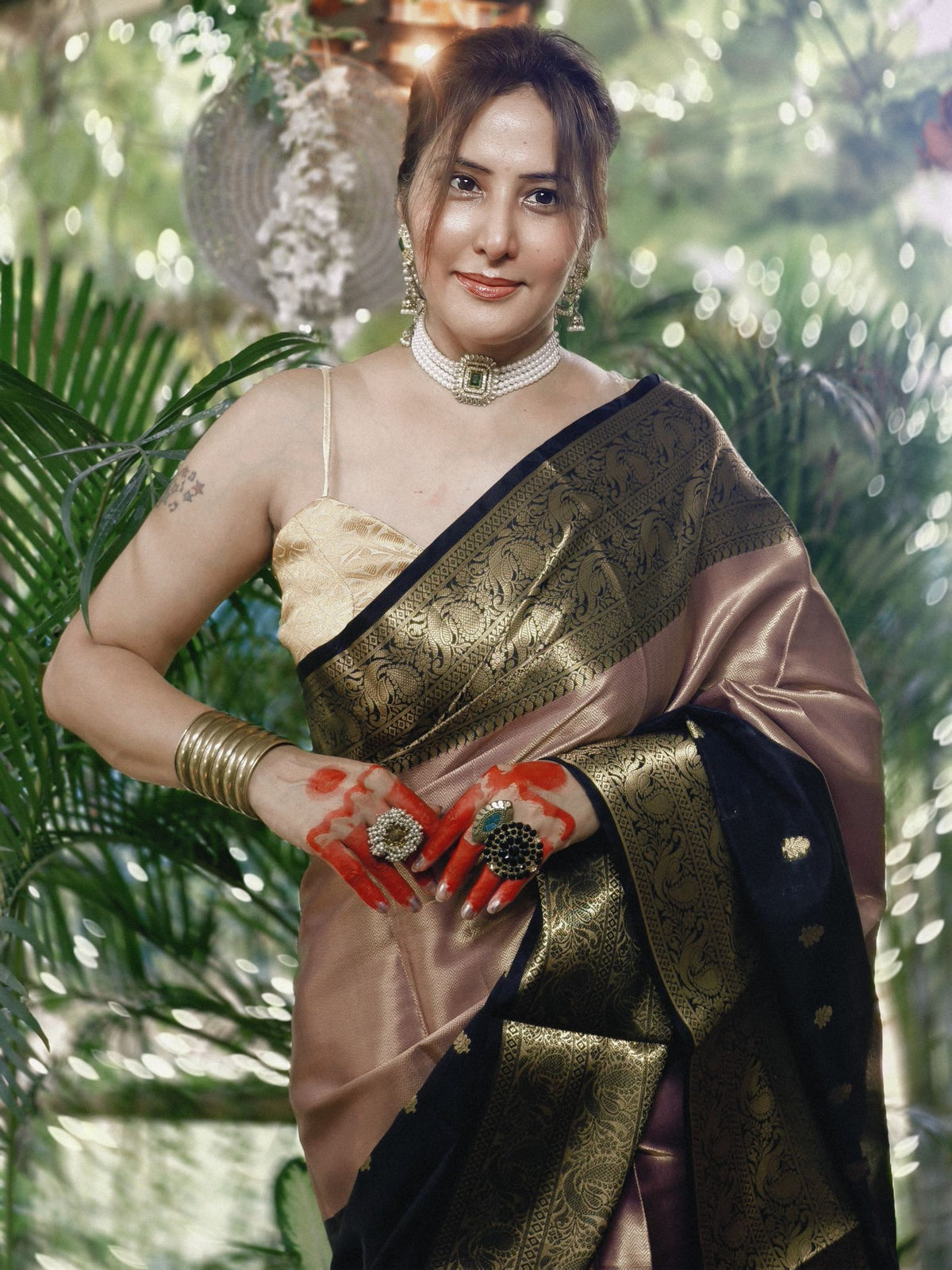 Peach and Black Katan Silk Saree with Zari Border