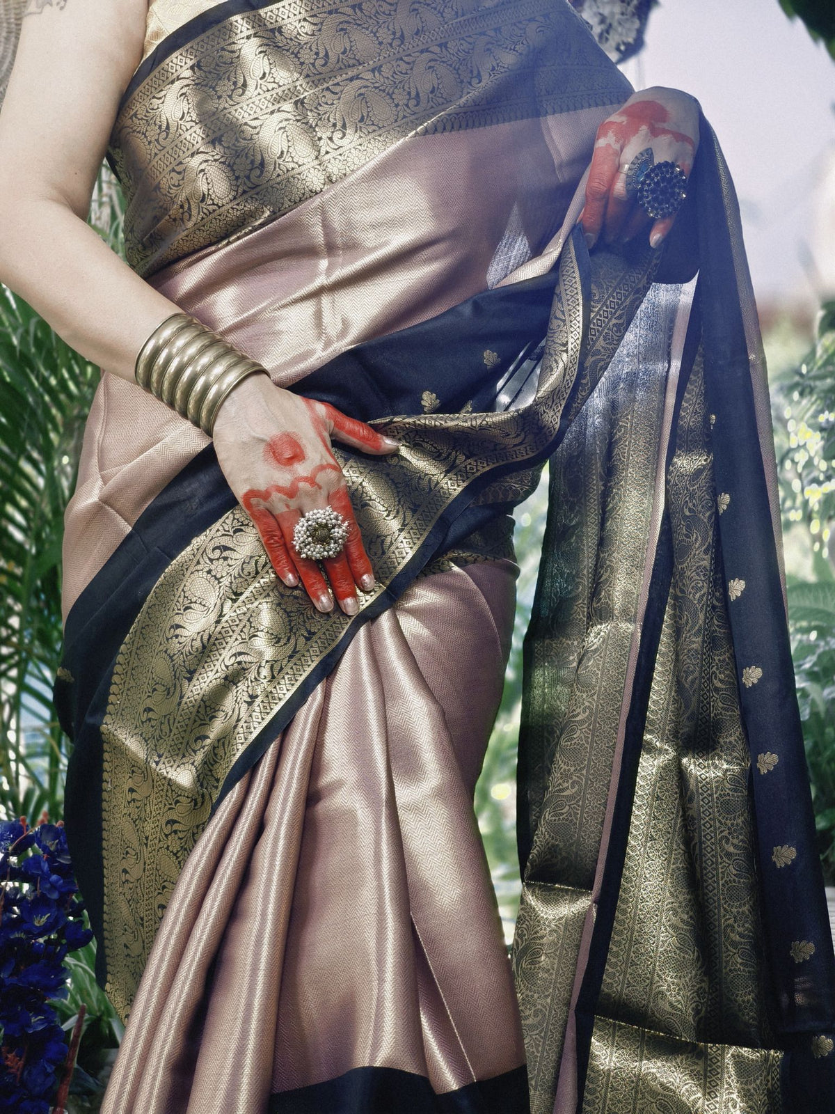 Peach and Black Katan Silk Saree with Zari Border