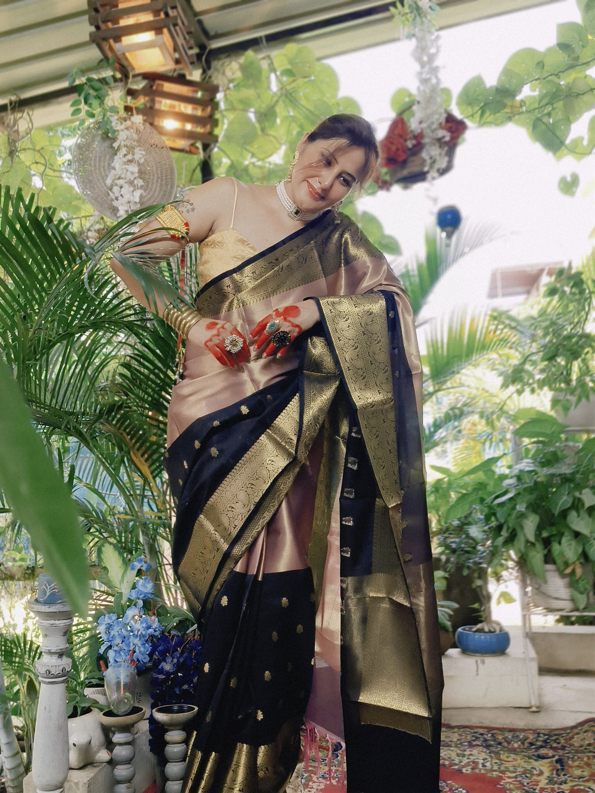 Peach and Black Katan Silk Saree with Zari Border