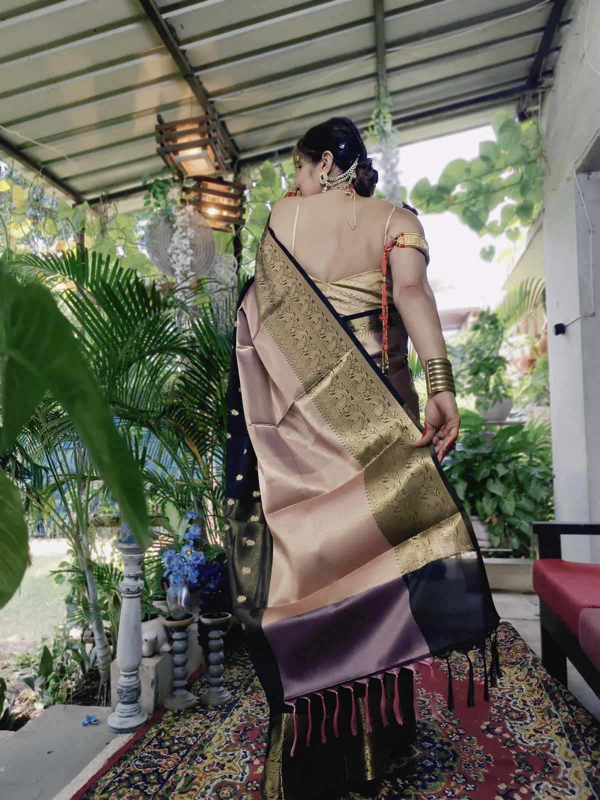 Peach and Black Katan Silk Saree with Zari Border