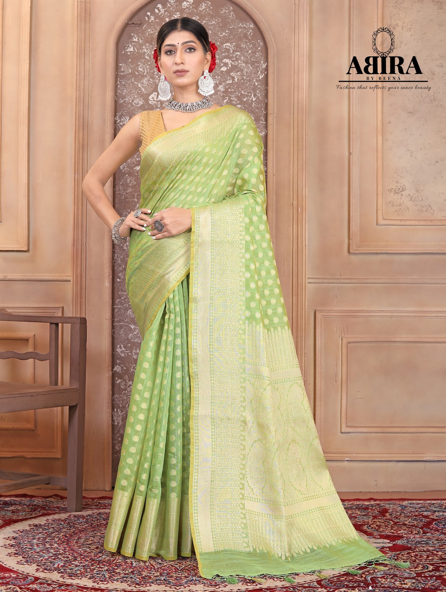 Parrot Green Banaras Cotton Silk