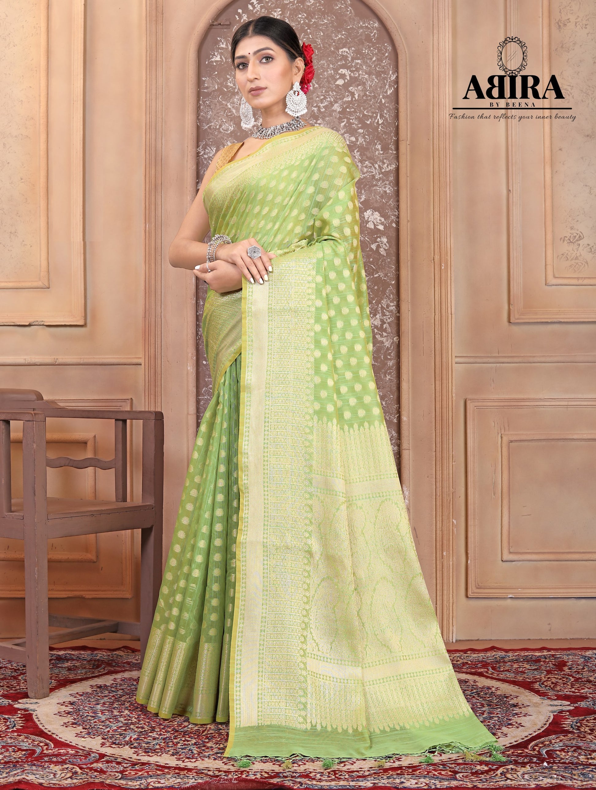 Parrot Green Banaras Cotton Silk - AbirabyBeena