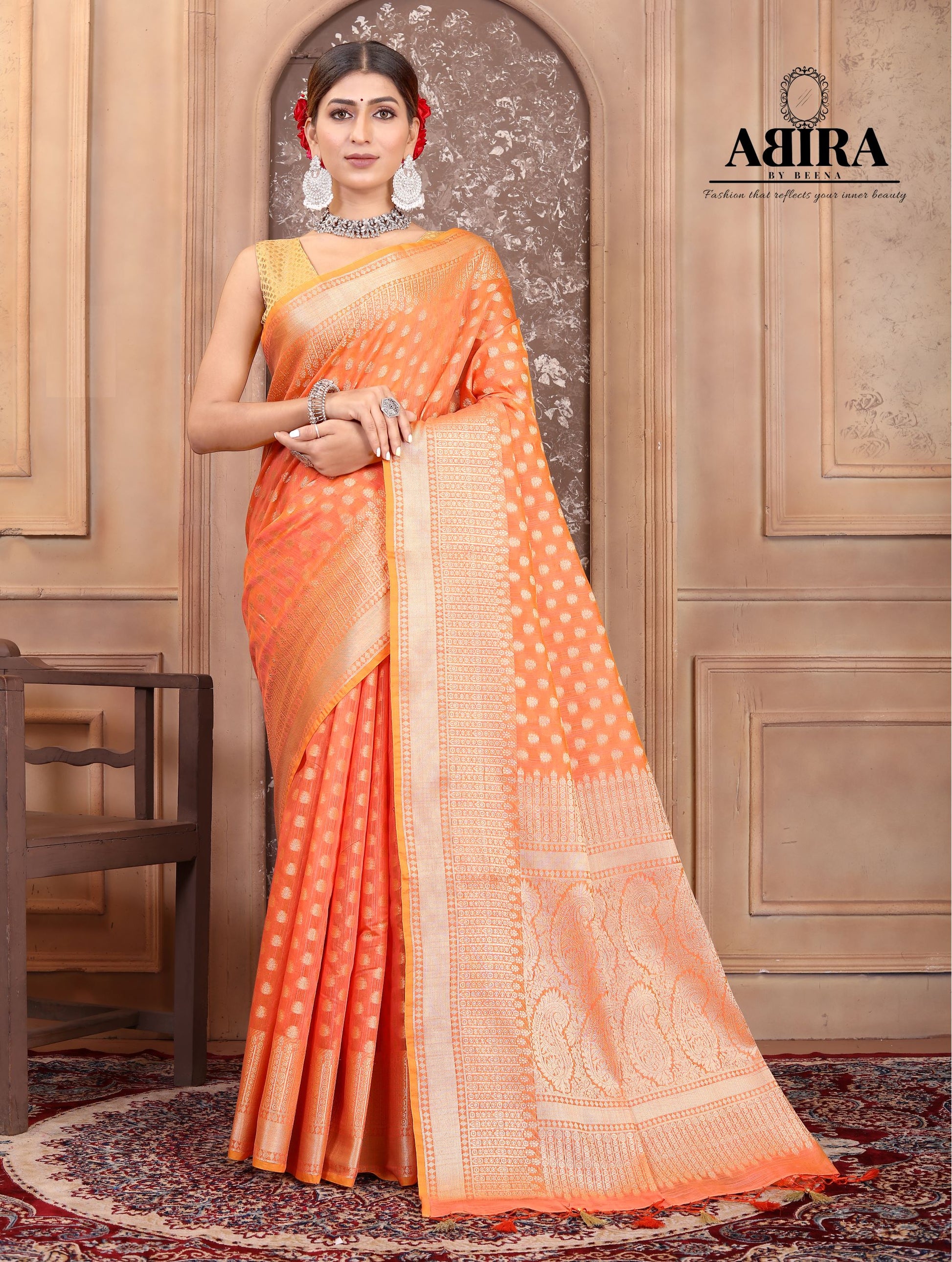 Orange Banaras Cotton Silk - AbirabyBeena