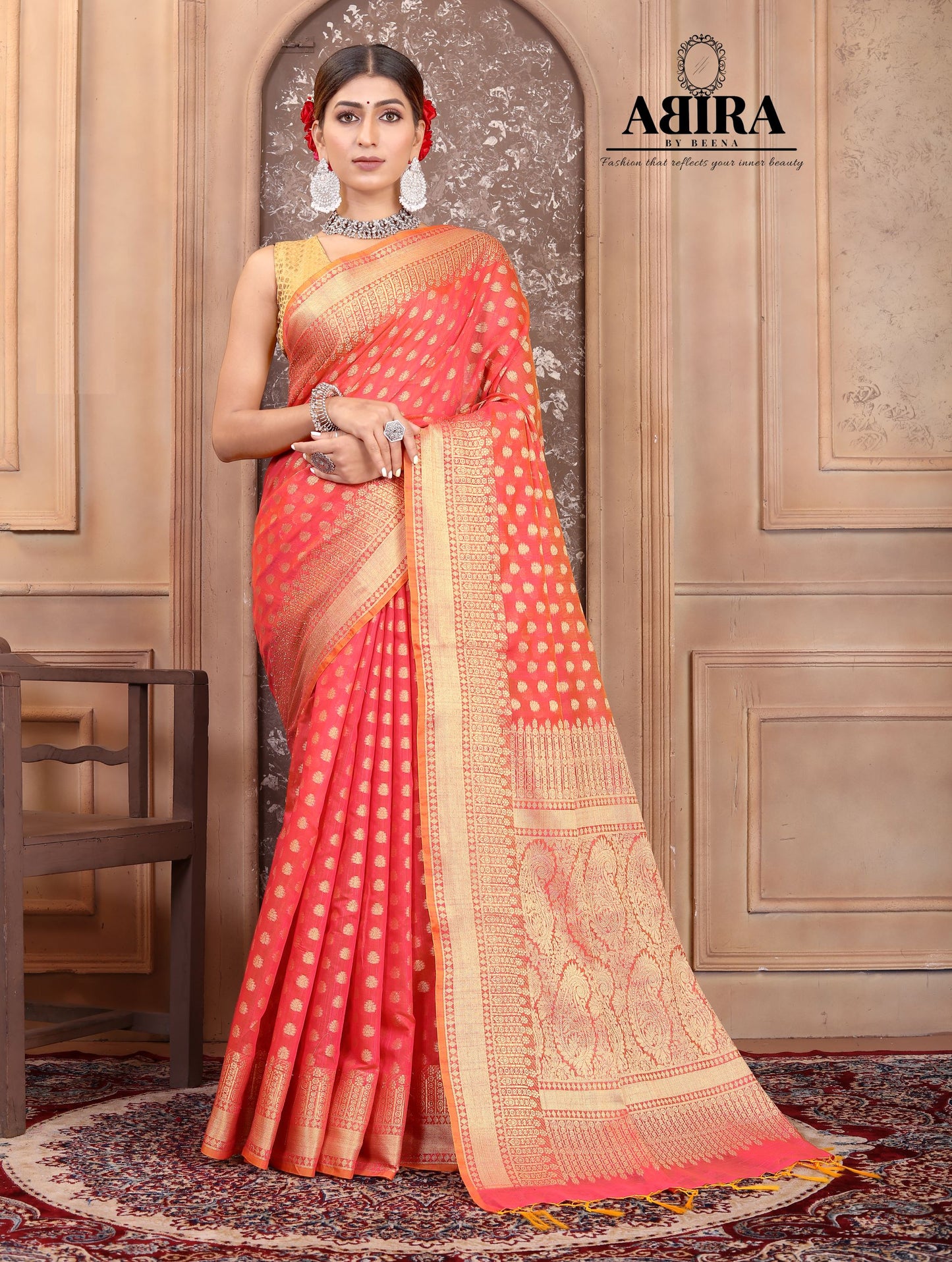 Coral Banaras Cotton Silk