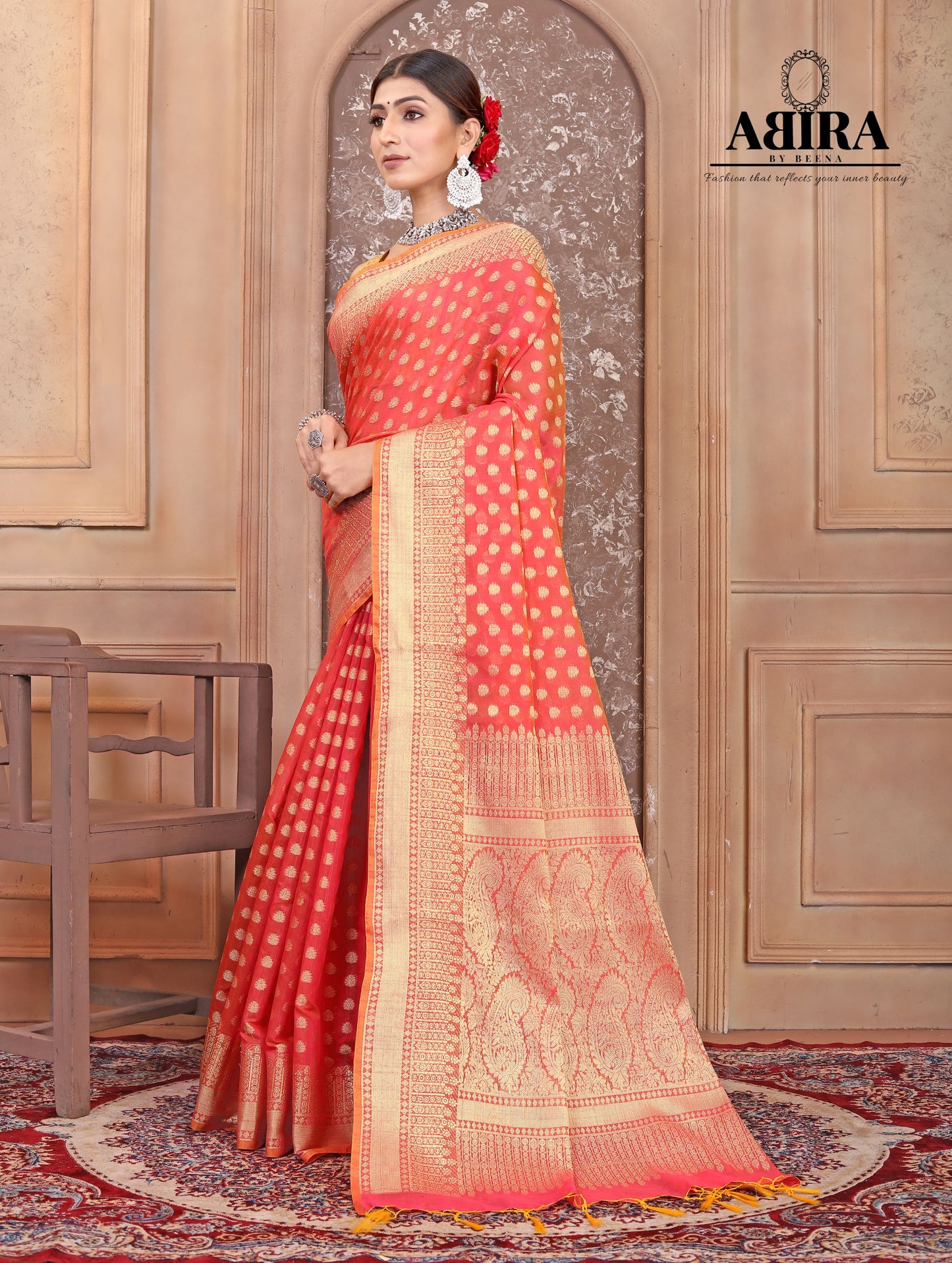 Coral Banaras Cotton Silk