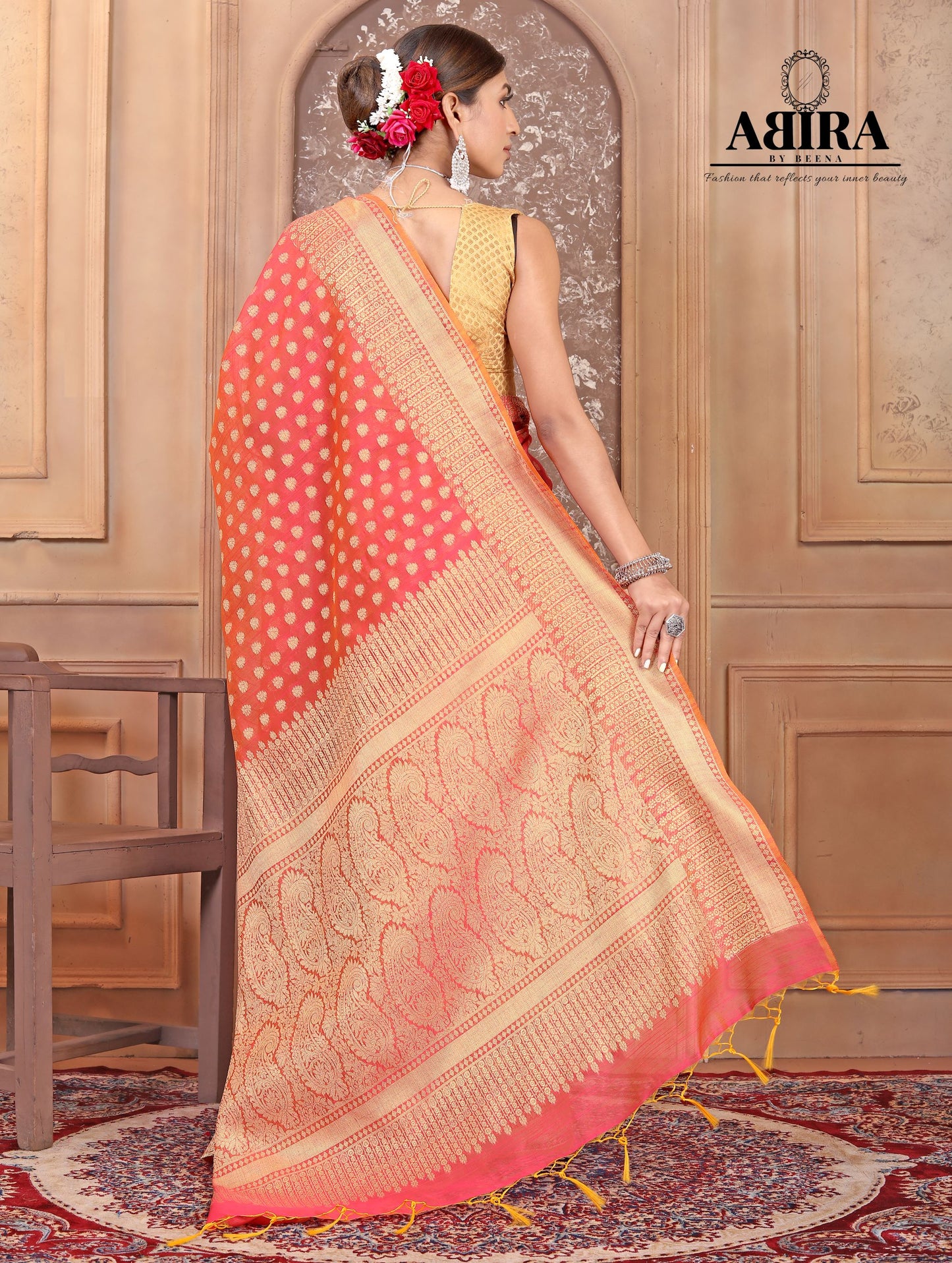 Coral Banaras Cotton Silk