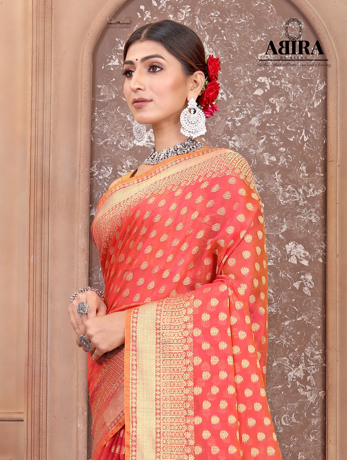 Coral Banaras Cotton Silk
