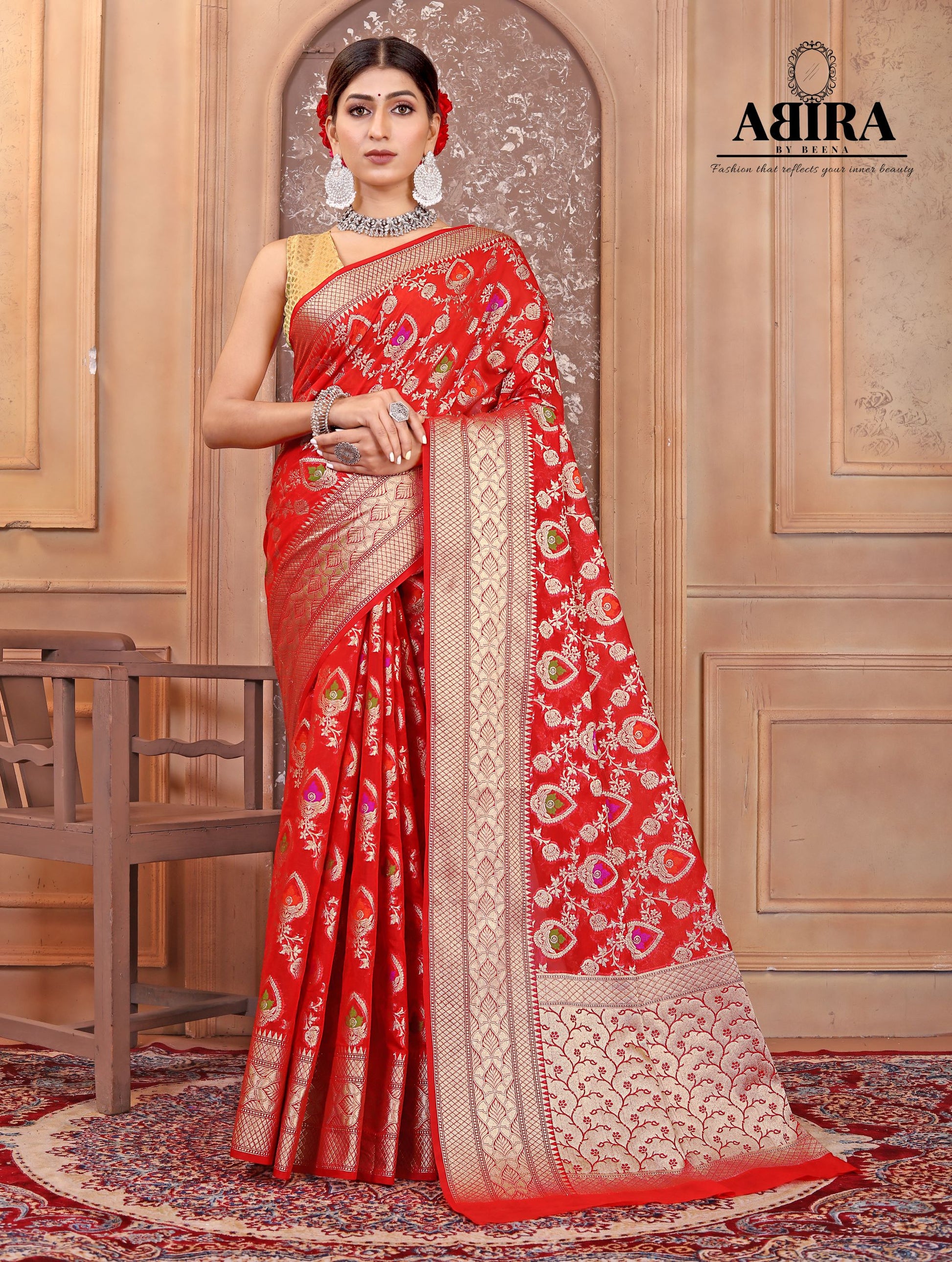 Red Banaras Soft Georgette Jaal silk - AbirabyBeena