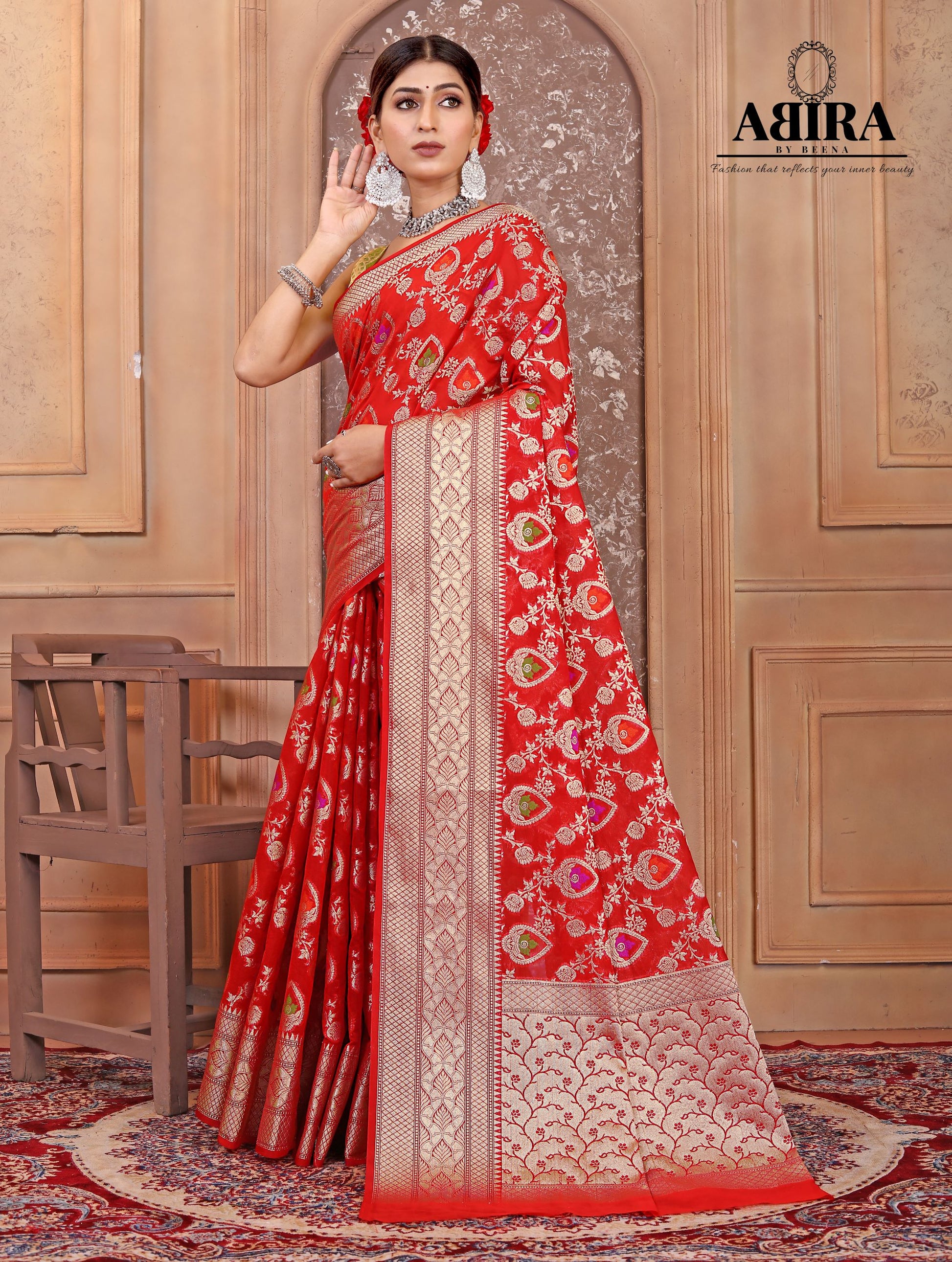 Red Banaras Soft Georgette Jaal silk - AbirabyBeena