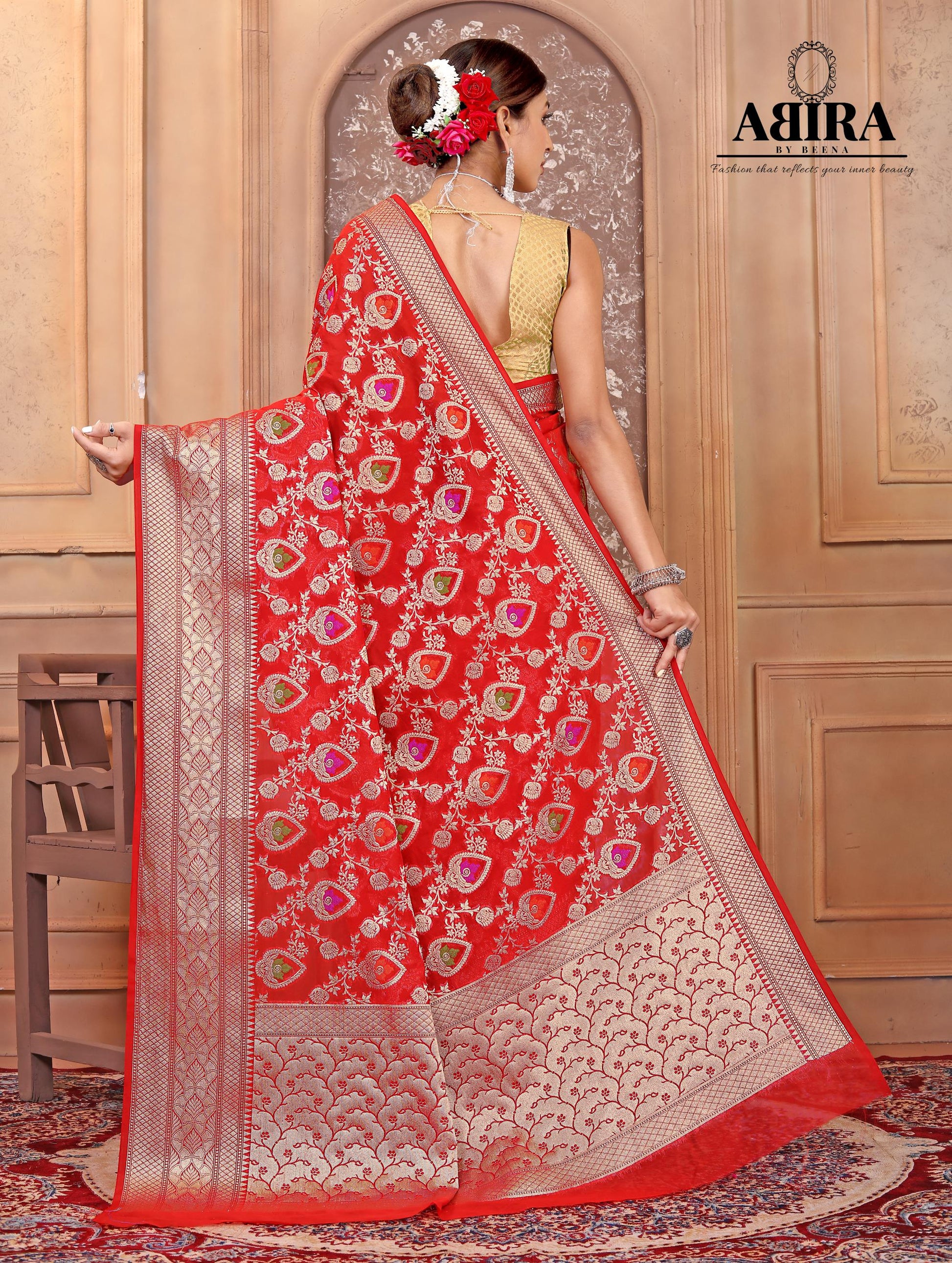 Red Banaras Soft Georgette Jaal silk - AbirabyBeena
