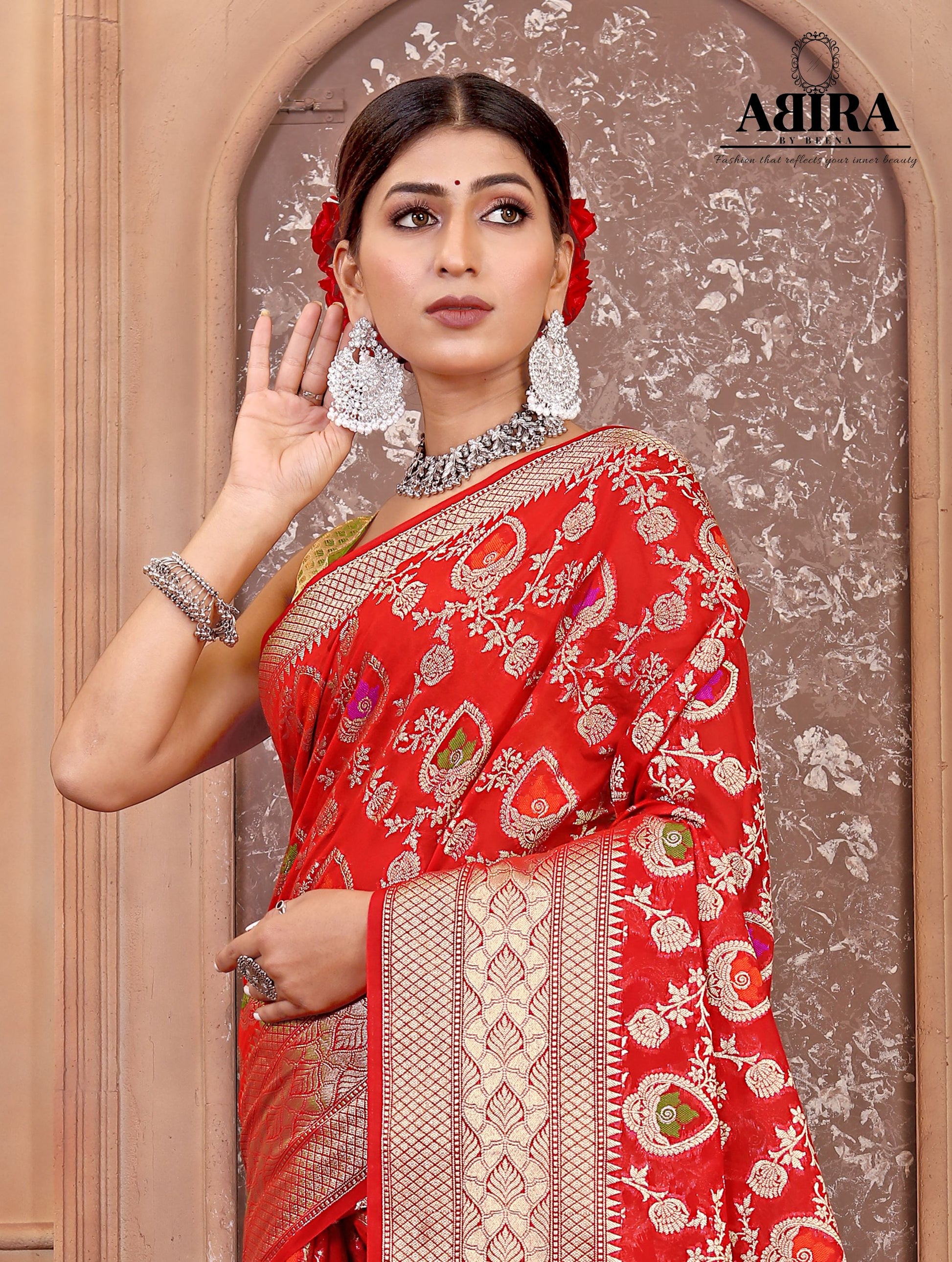 Red Banaras Soft Georgette Jaal silk - AbirabyBeena