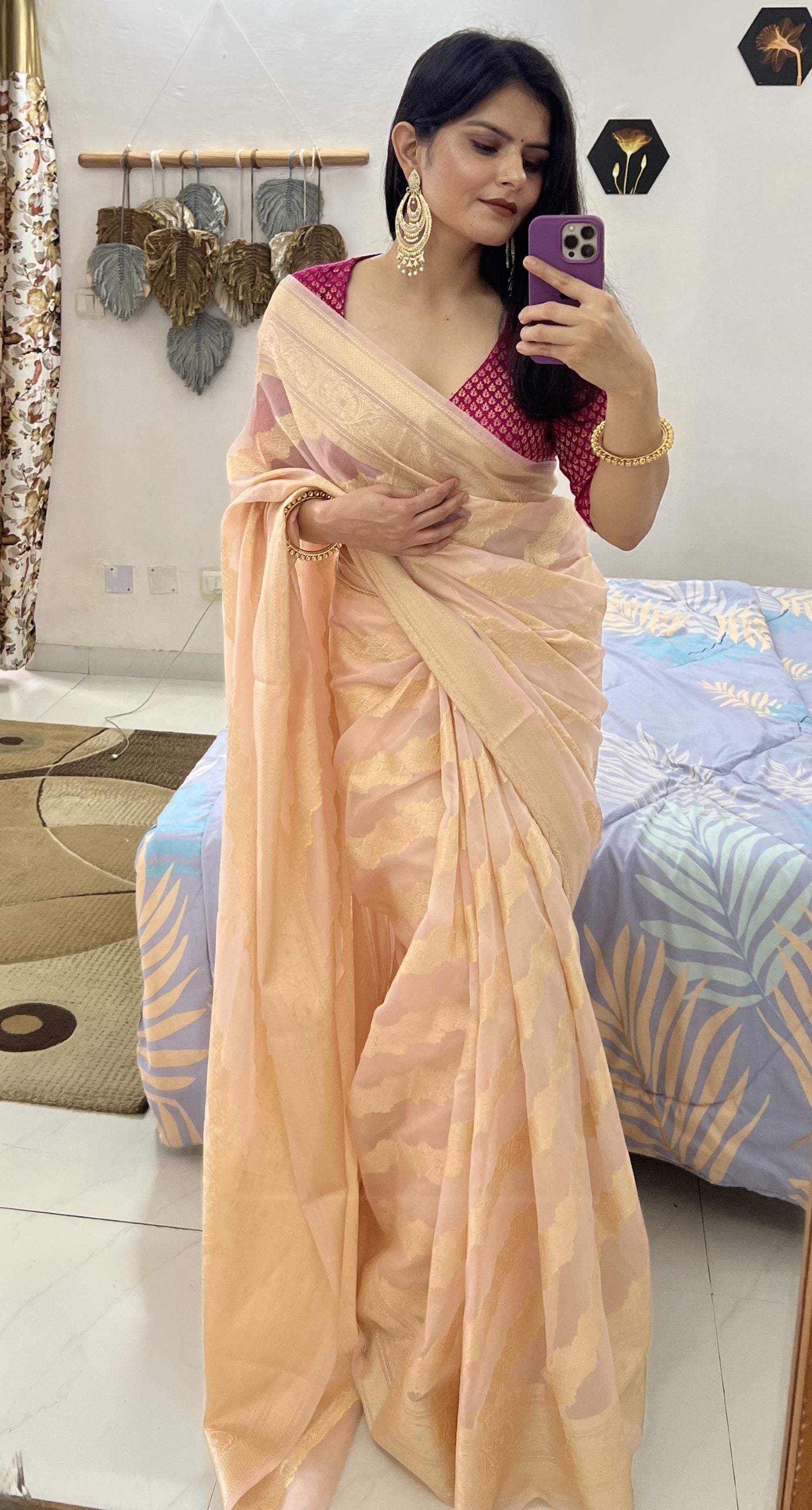Pastel peach Banaras Soft Georgette silk - AbirabyBeena