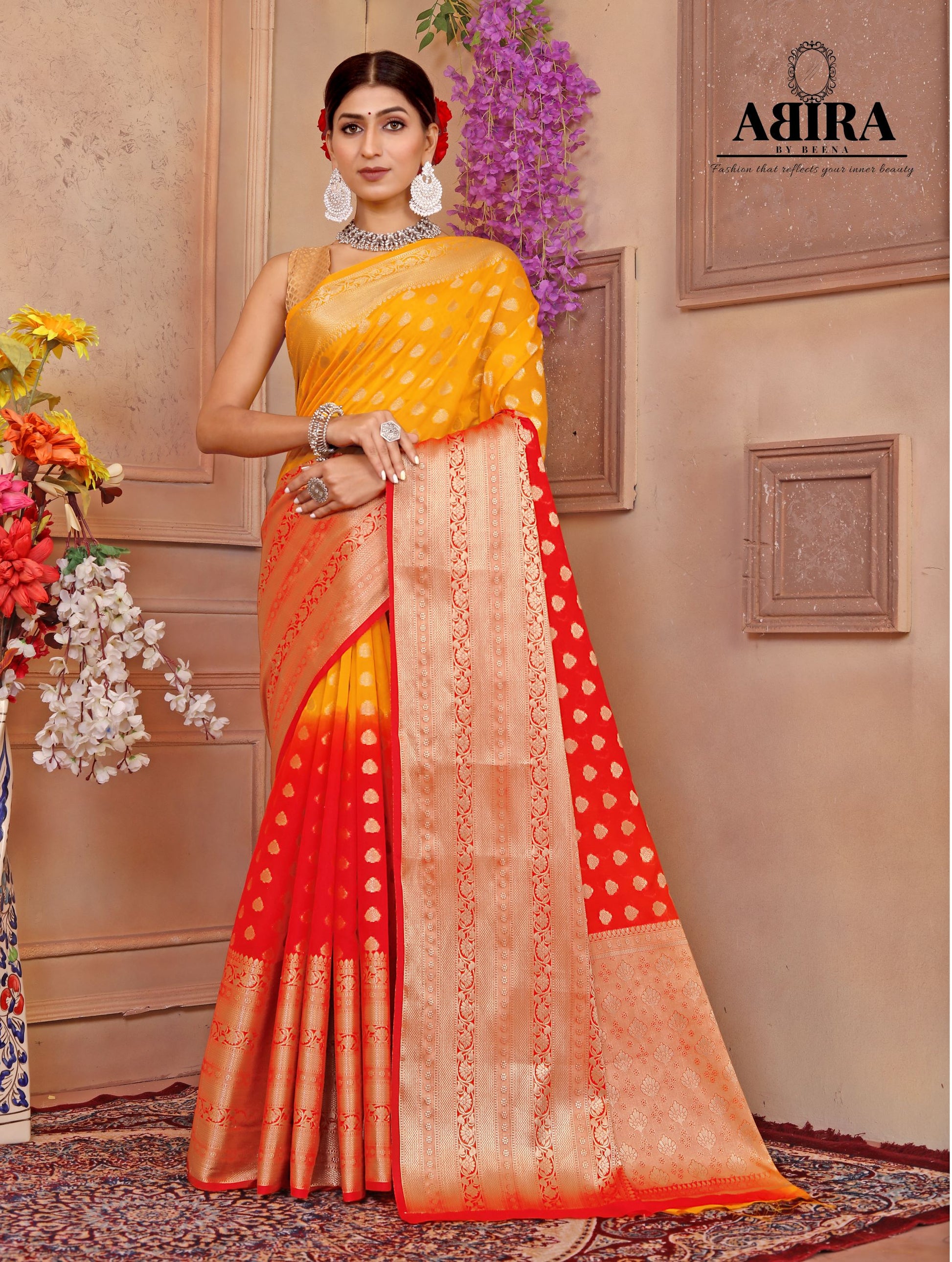 Red - Yellow Shaded soft Georgette silk - AbirabyBeena