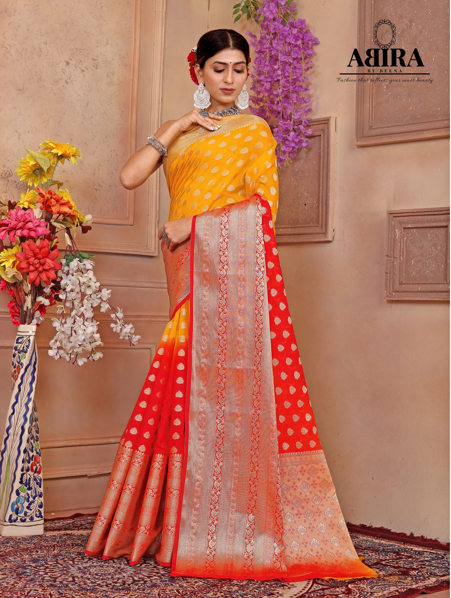 Red - Yellow Shaded soft Georgette silk - AbirabyBeena