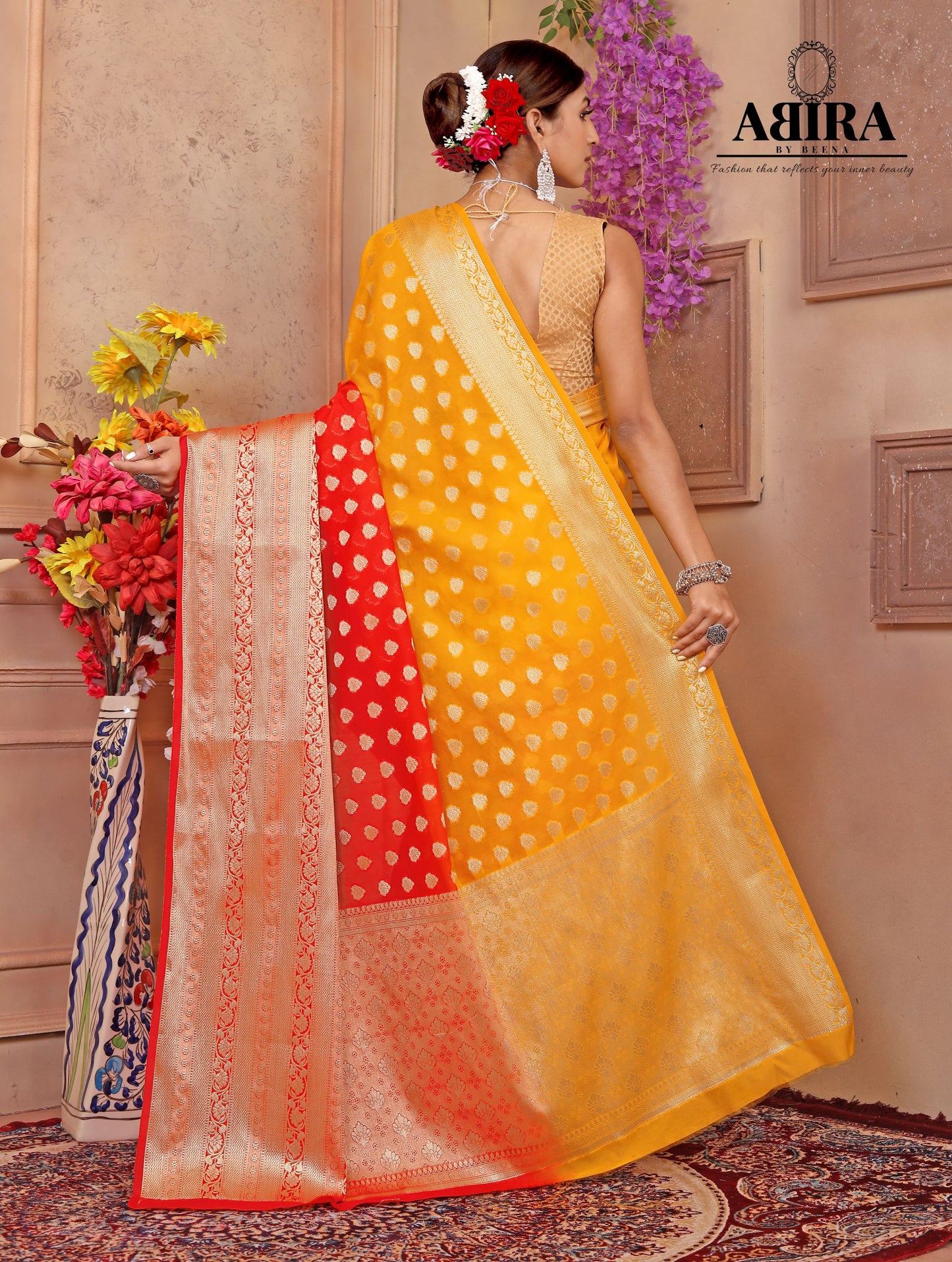 Red - Yellow Shaded soft Georgette silk - AbirabyBeena