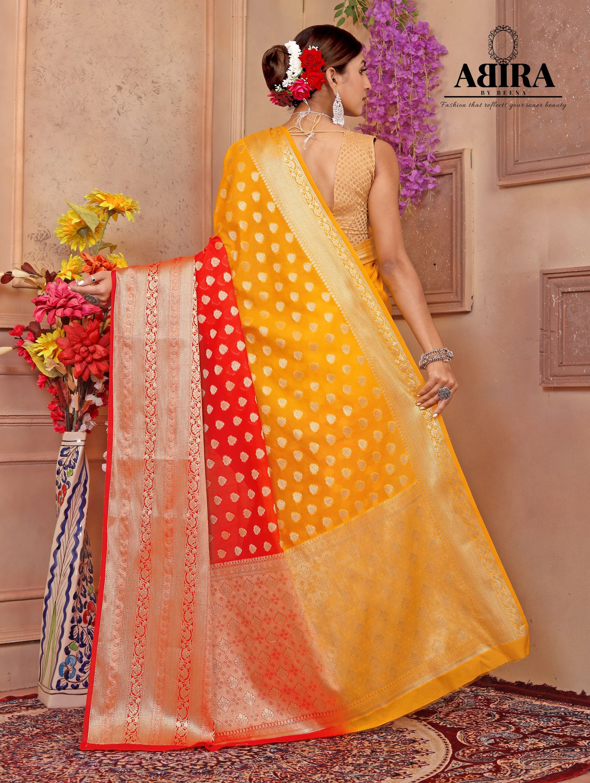 Red - Yellow Shaded soft Georgette silk - AbirabyBeena