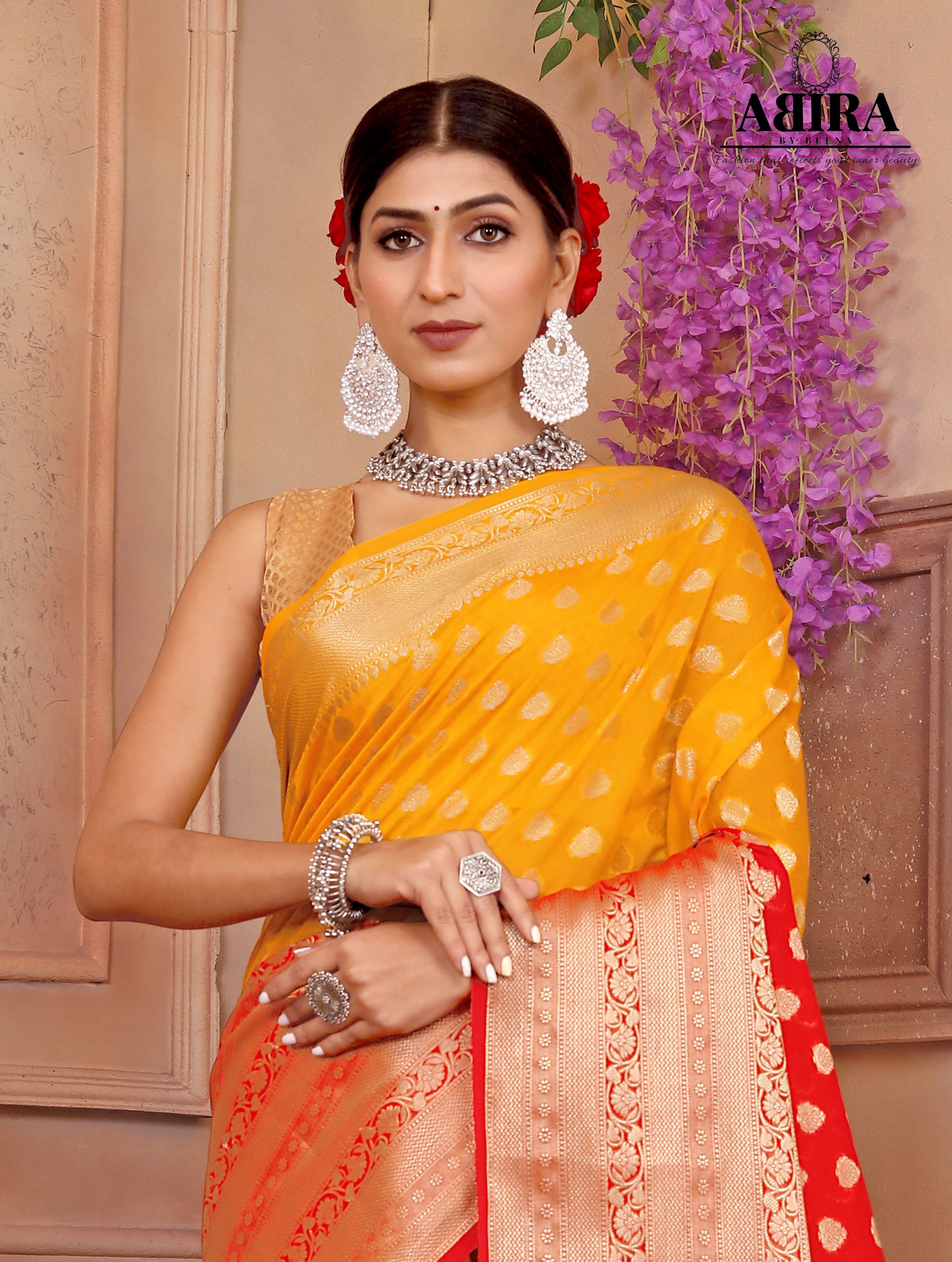 Red - Yellow Shaded soft Georgette silk - AbirabyBeena