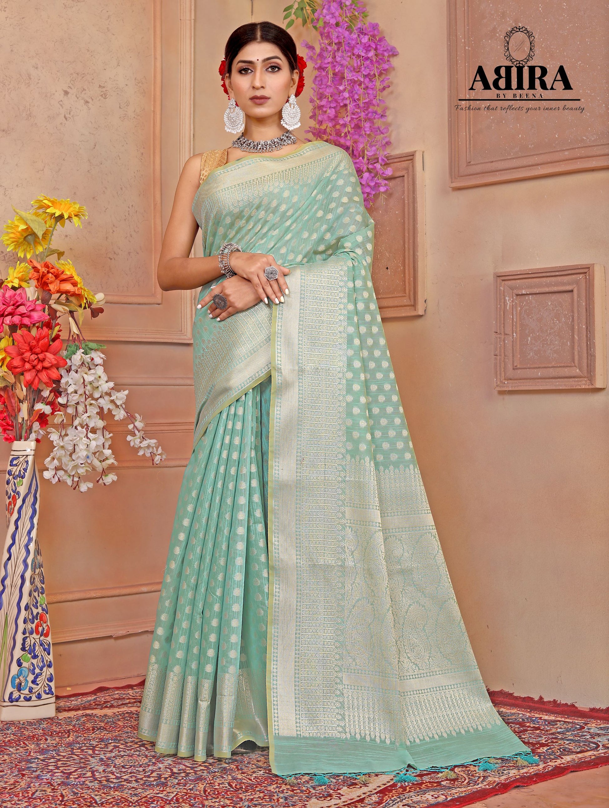 Turquoise Blue Banaras Cotton Silk - AbirabyBeena