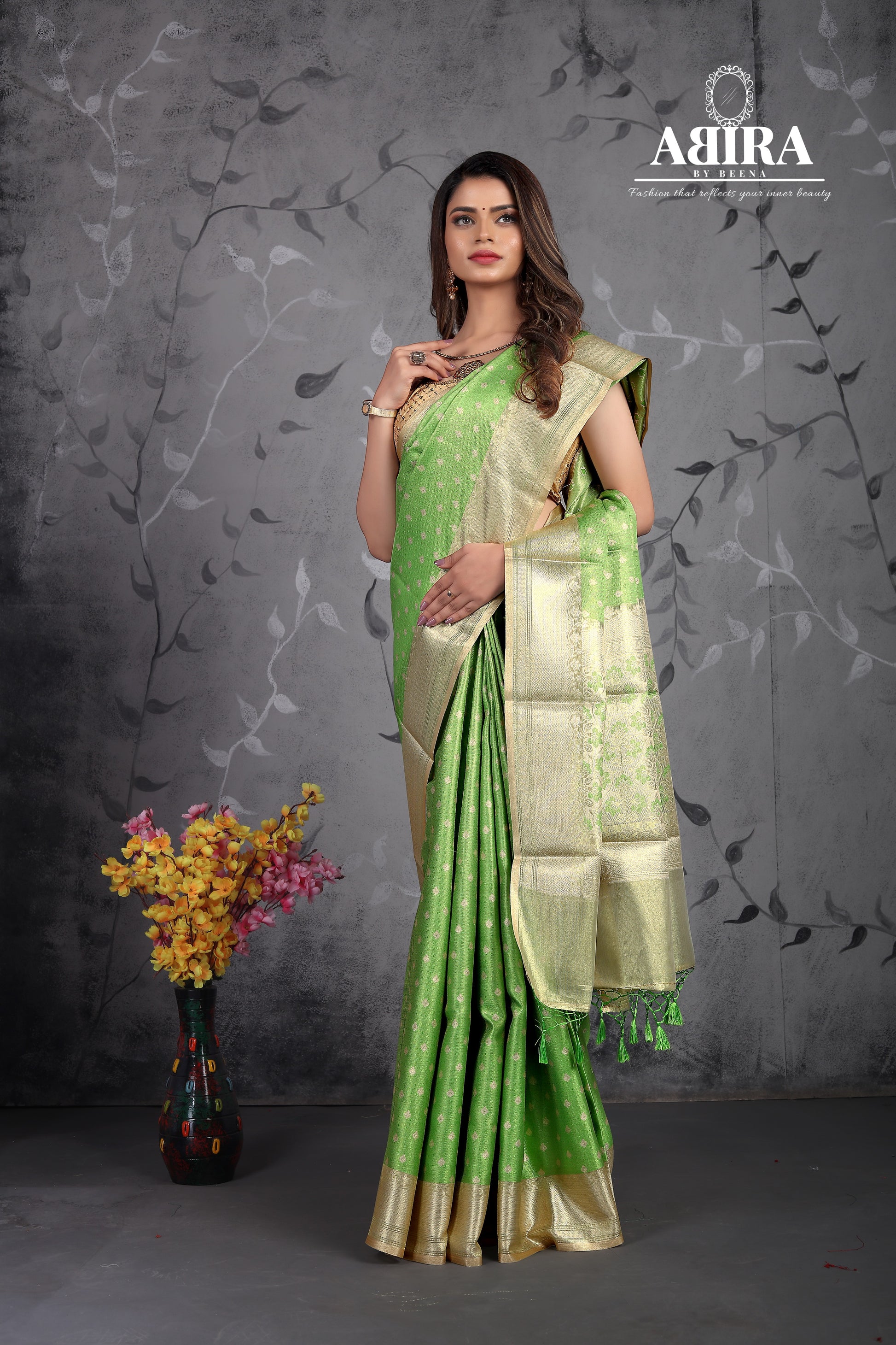 Parrot green Banaras Tansui Silk saree - AbirabyBeena