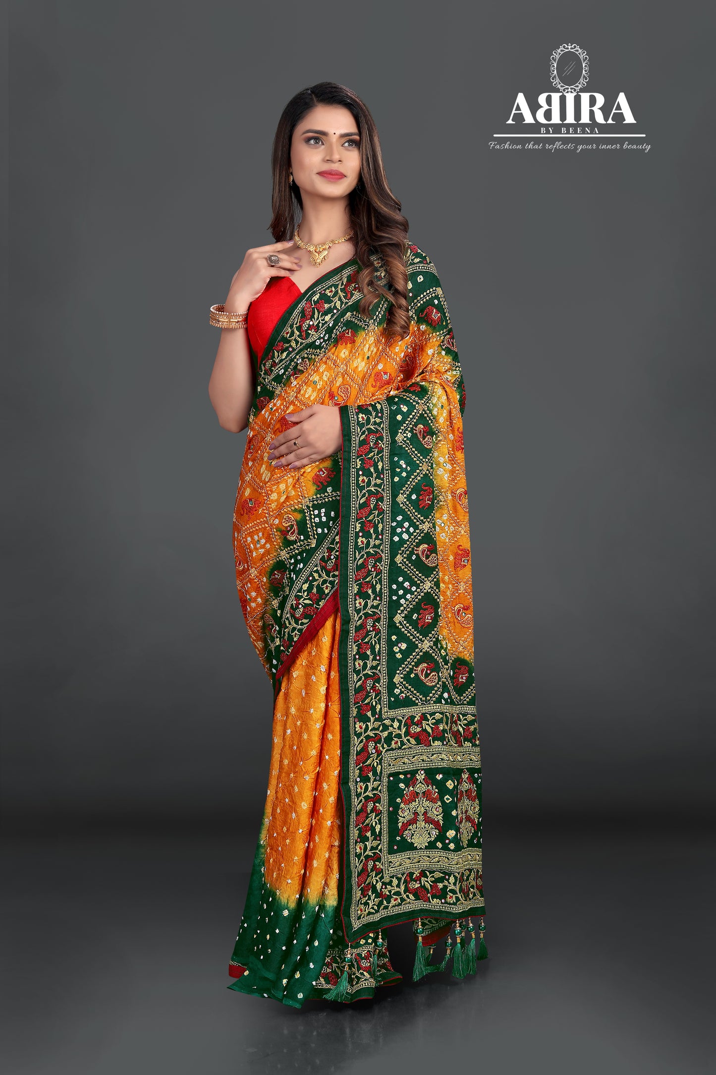 Yellow Dana Bandhani with beautiful hand work - AbirabyBeena