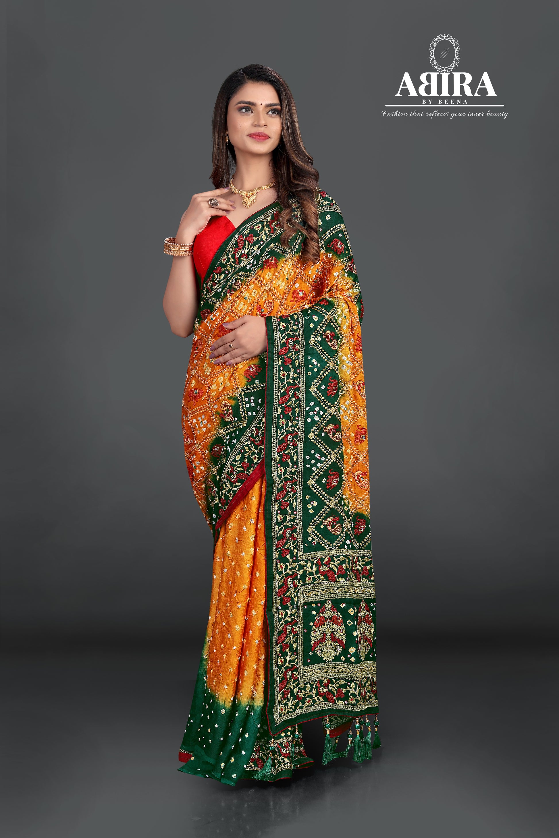 Yellow Dana Bandhani with beautiful hand work - AbirabyBeena