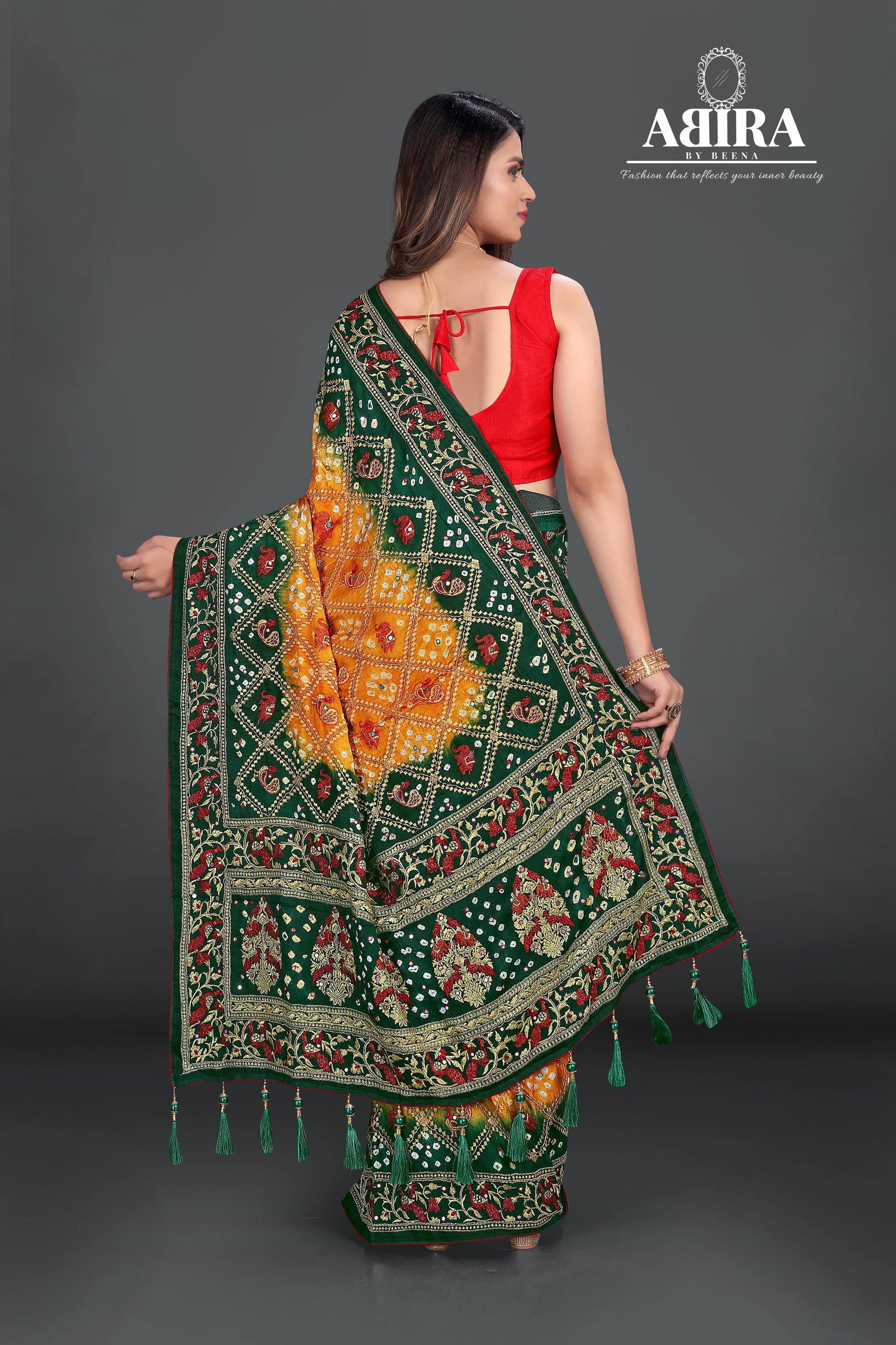 Yellow Dana Bandhani with beautiful hand work - AbirabyBeena