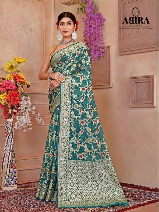 Turquoise Banaras Soft Georgette Jaal silk