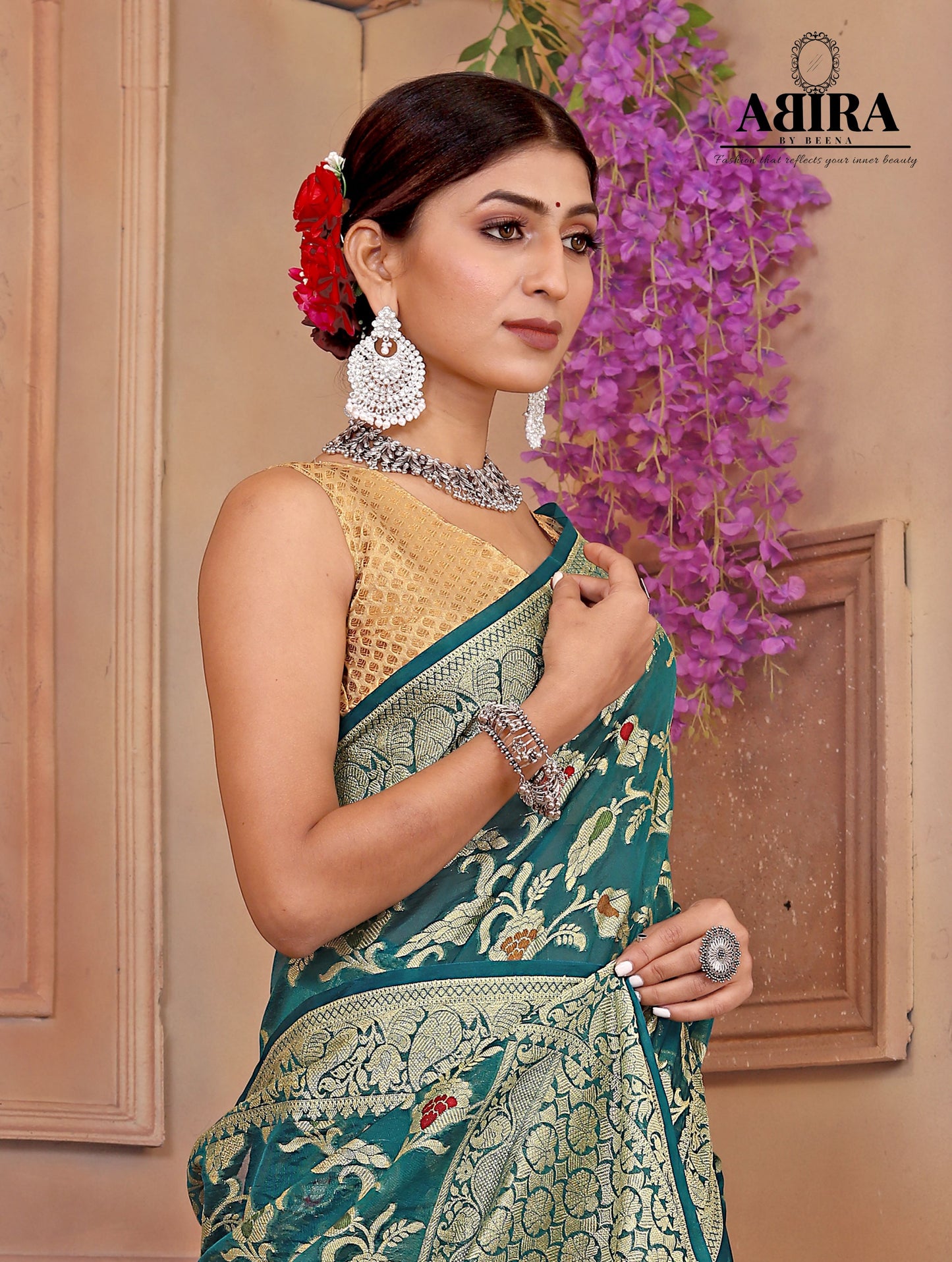 Turquoise Banaras Soft Georgette Jaal silk - AbirabyBeena