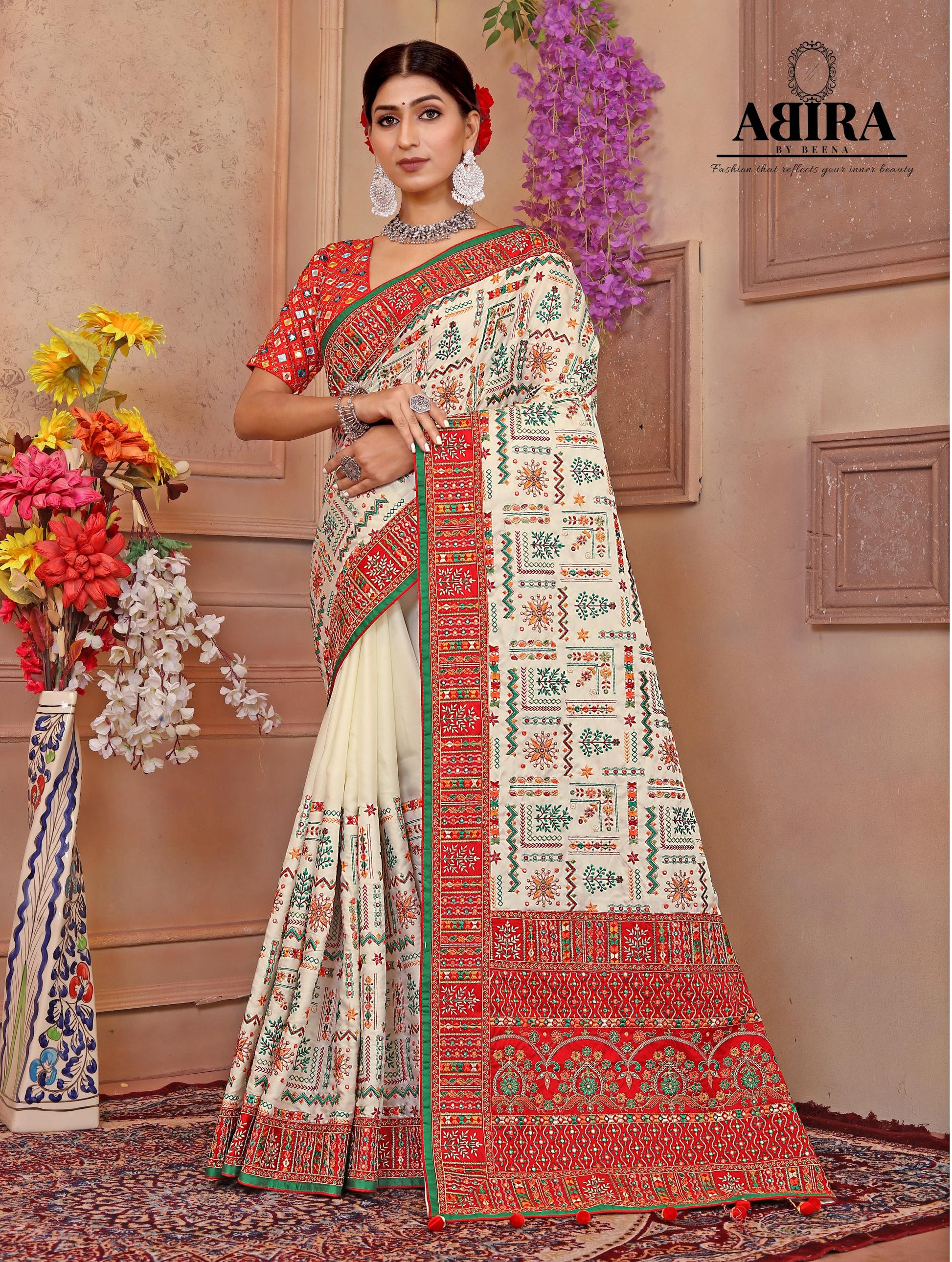 White - Red Embroidered Gaji Silk - AbirabyBeena