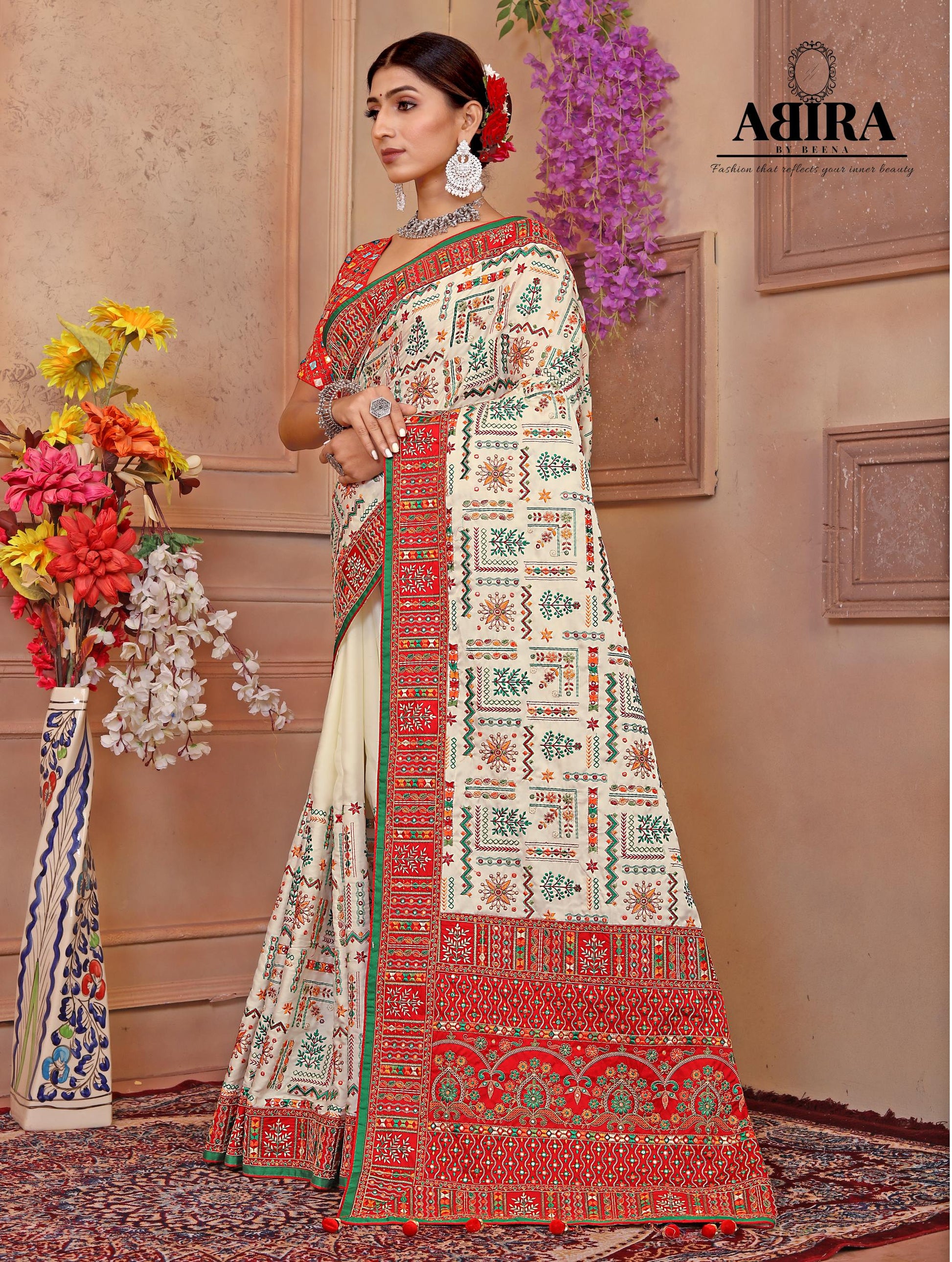 White - Red Embroidered Gaji Silk - AbirabyBeena