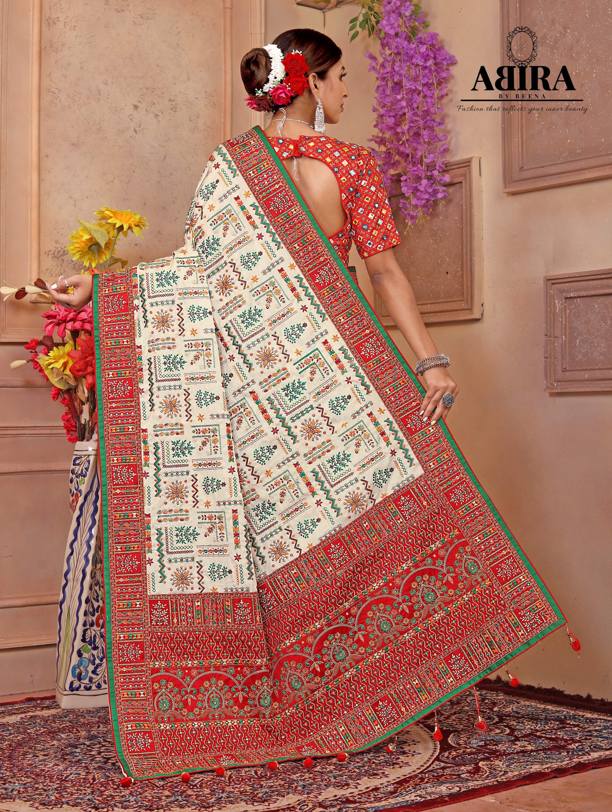 White - Red Embroidered Gaji Silk - AbirabyBeena