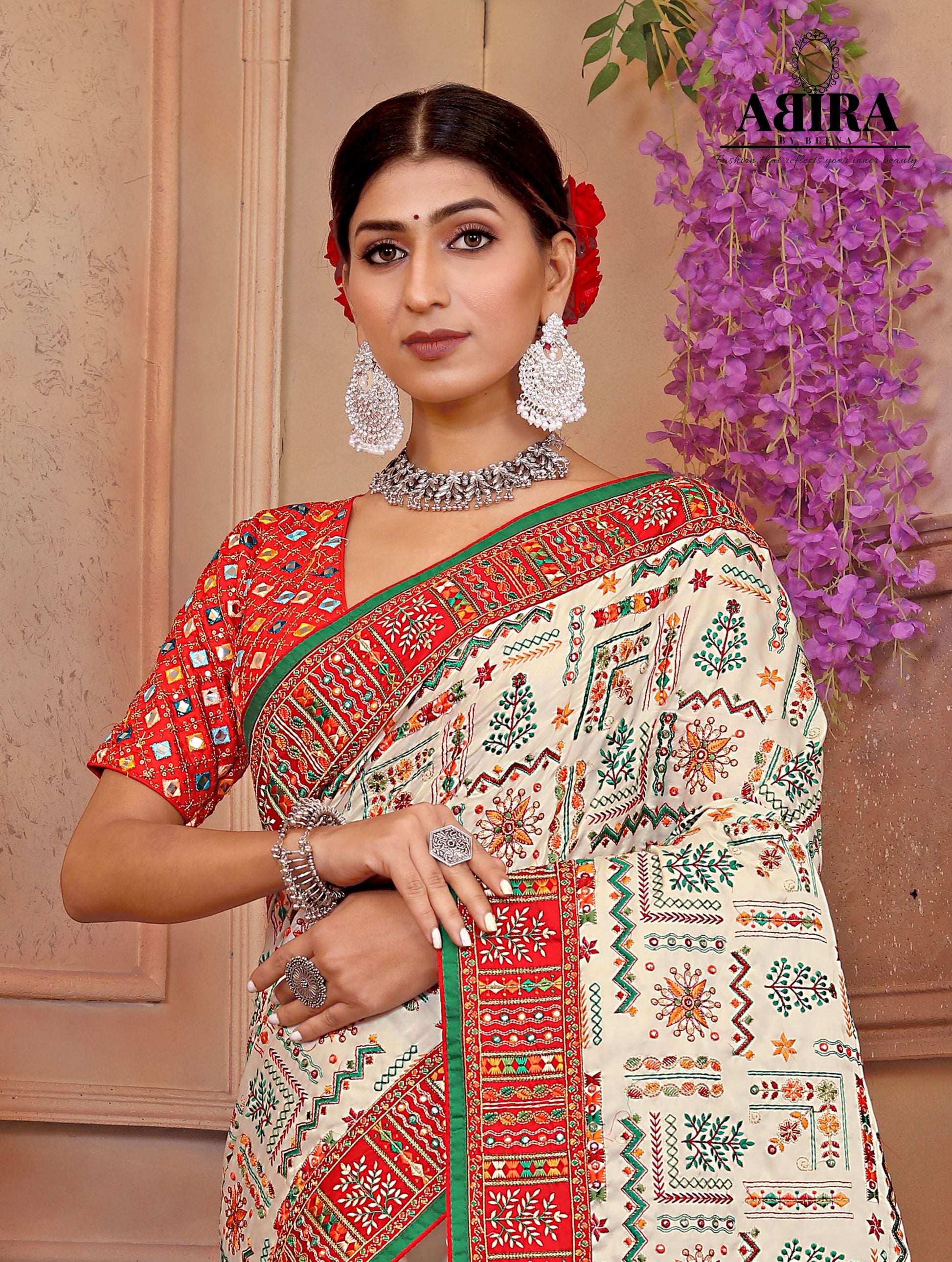 White - Red Embroidered Gaji Silk - AbirabyBeena