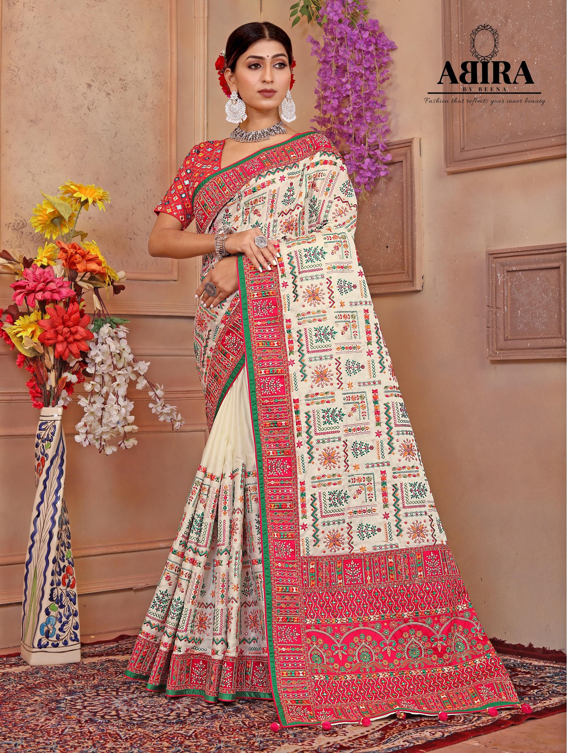 White - Pink Embroidered Gaji Silk - AbirabyBeena