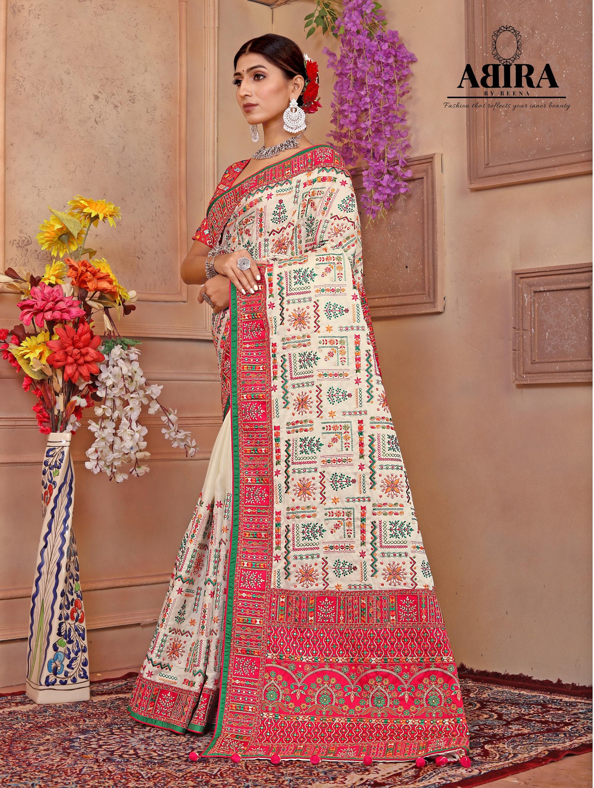 White - Pink Embroidered Gaji Silk - AbirabyBeena