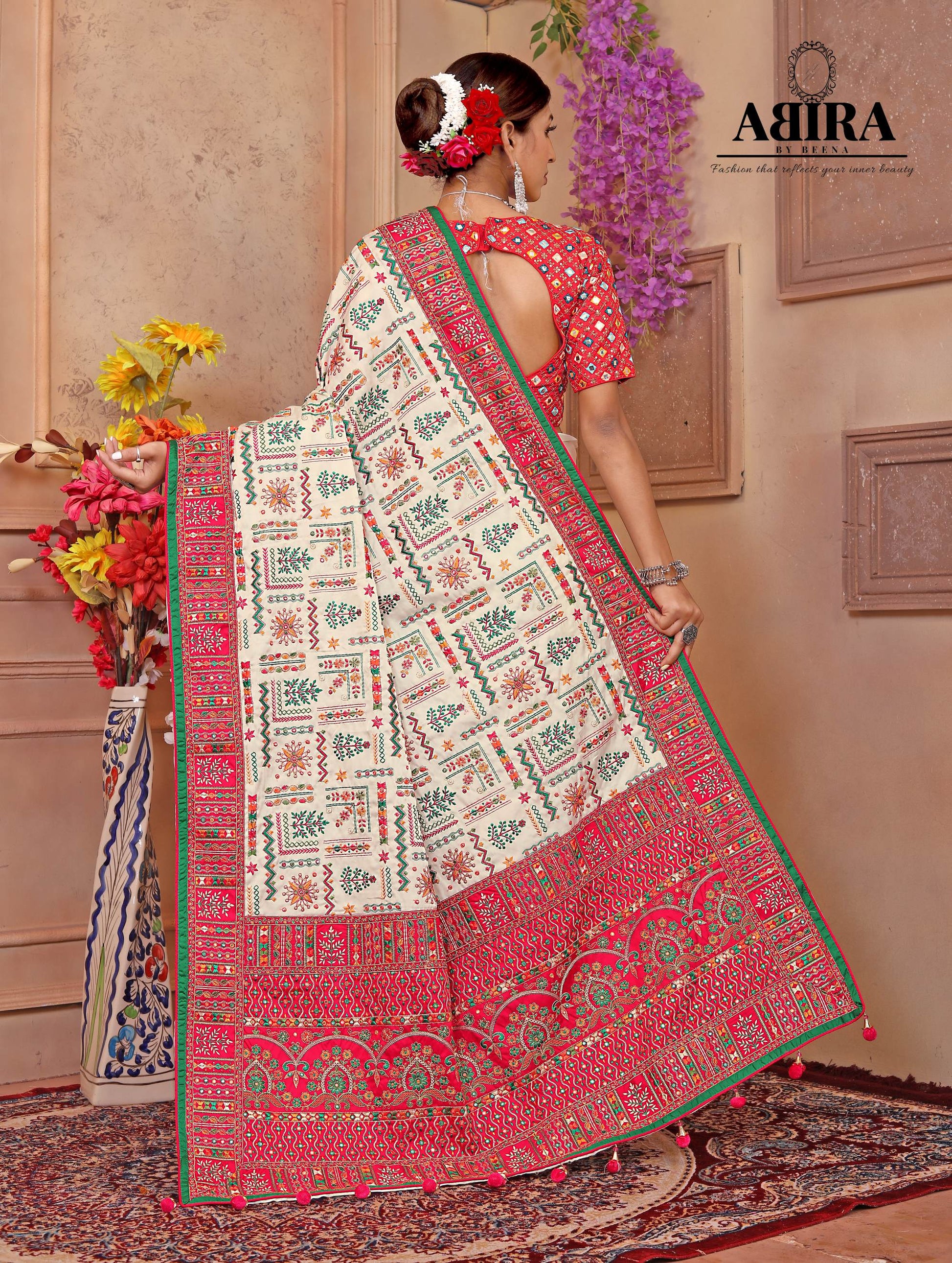 White - Pink Embroidered Gaji Silk - AbirabyBeena