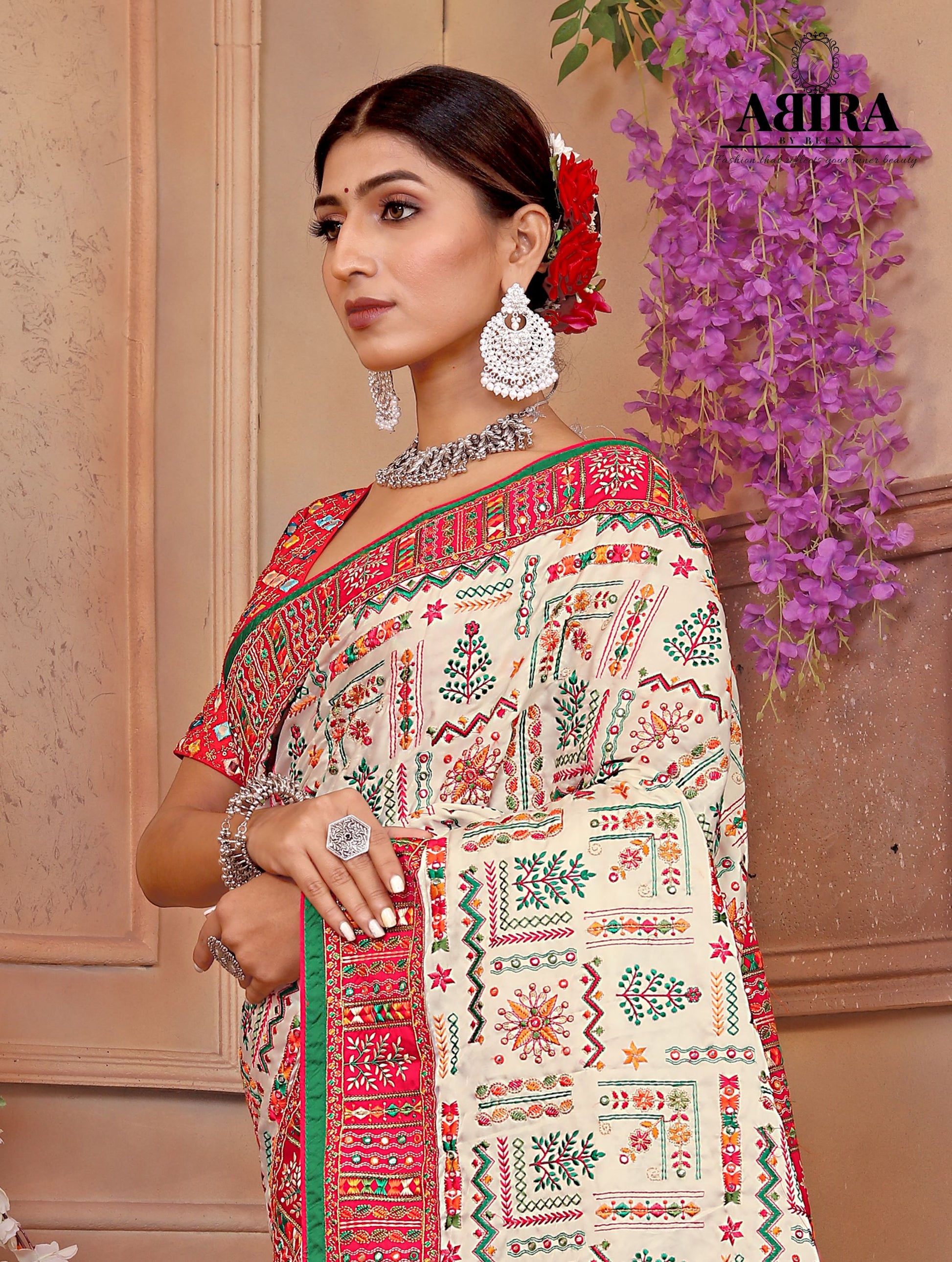 White - Pink Embroidered Gaji Silk - AbirabyBeena
