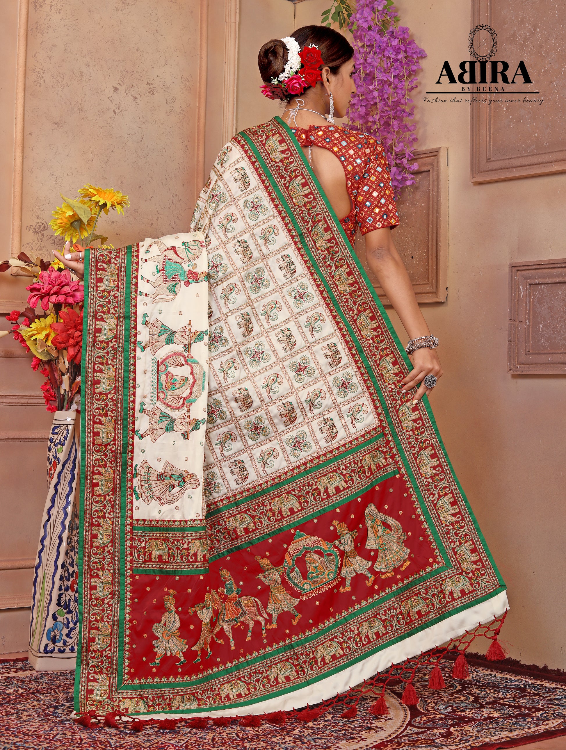 White Embroidered Gaji Silk Gharchola - AbirabyBeena