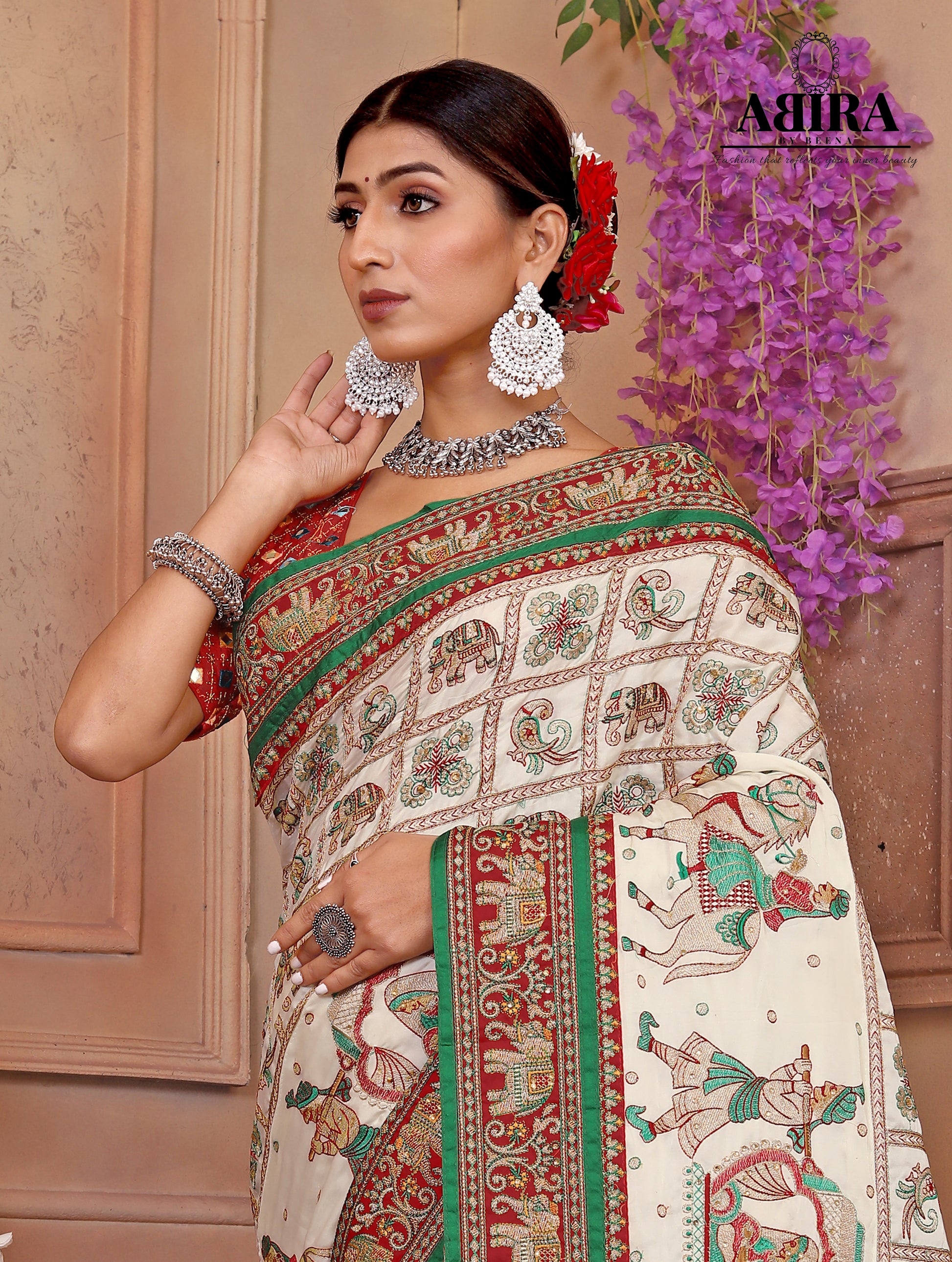 White Embroidered Gaji Silk Gharchola - AbirabyBeena
