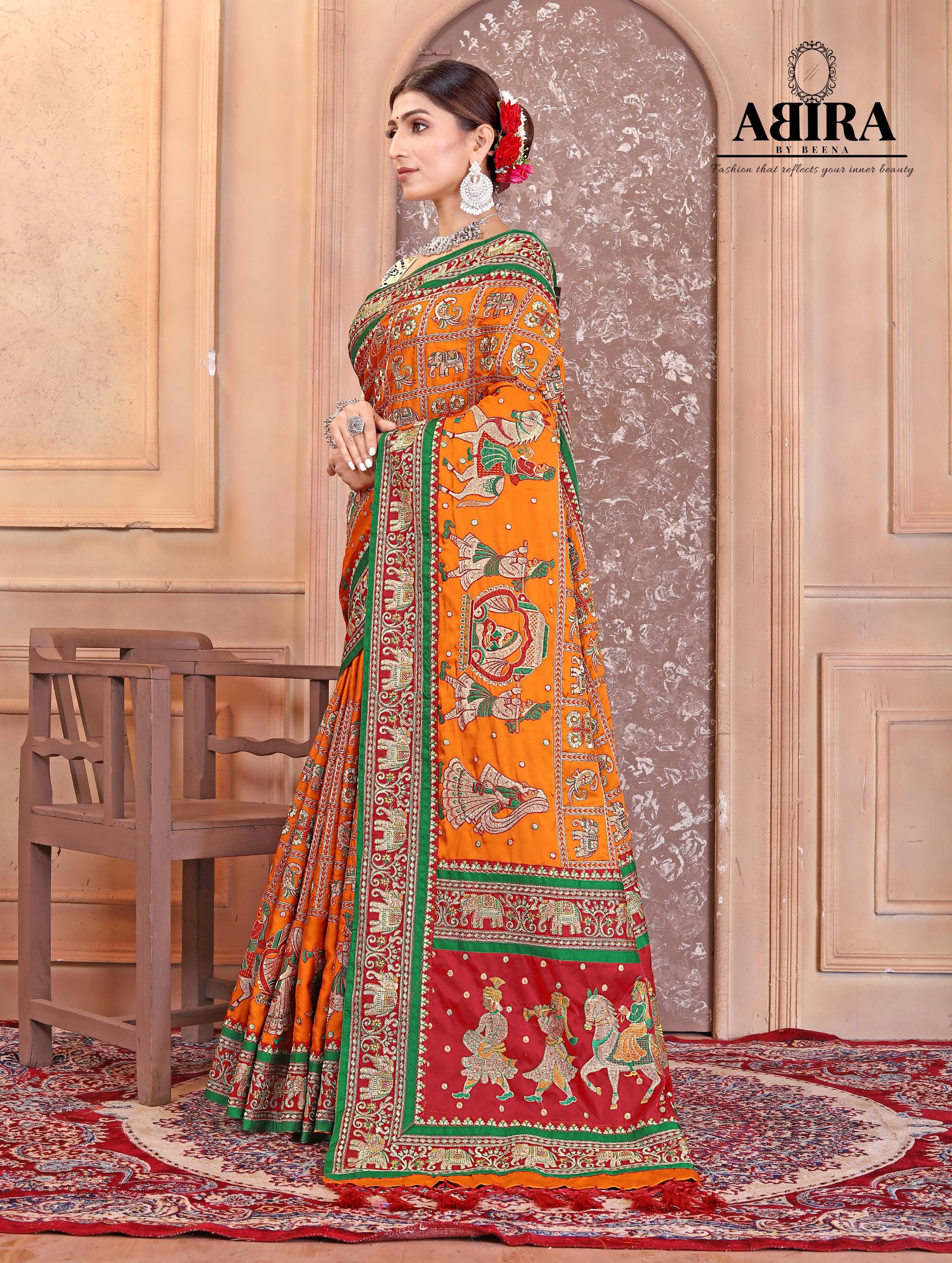 Mustered Yellow Embroidered Gaji Silk Gharchola - AbirabyBeena