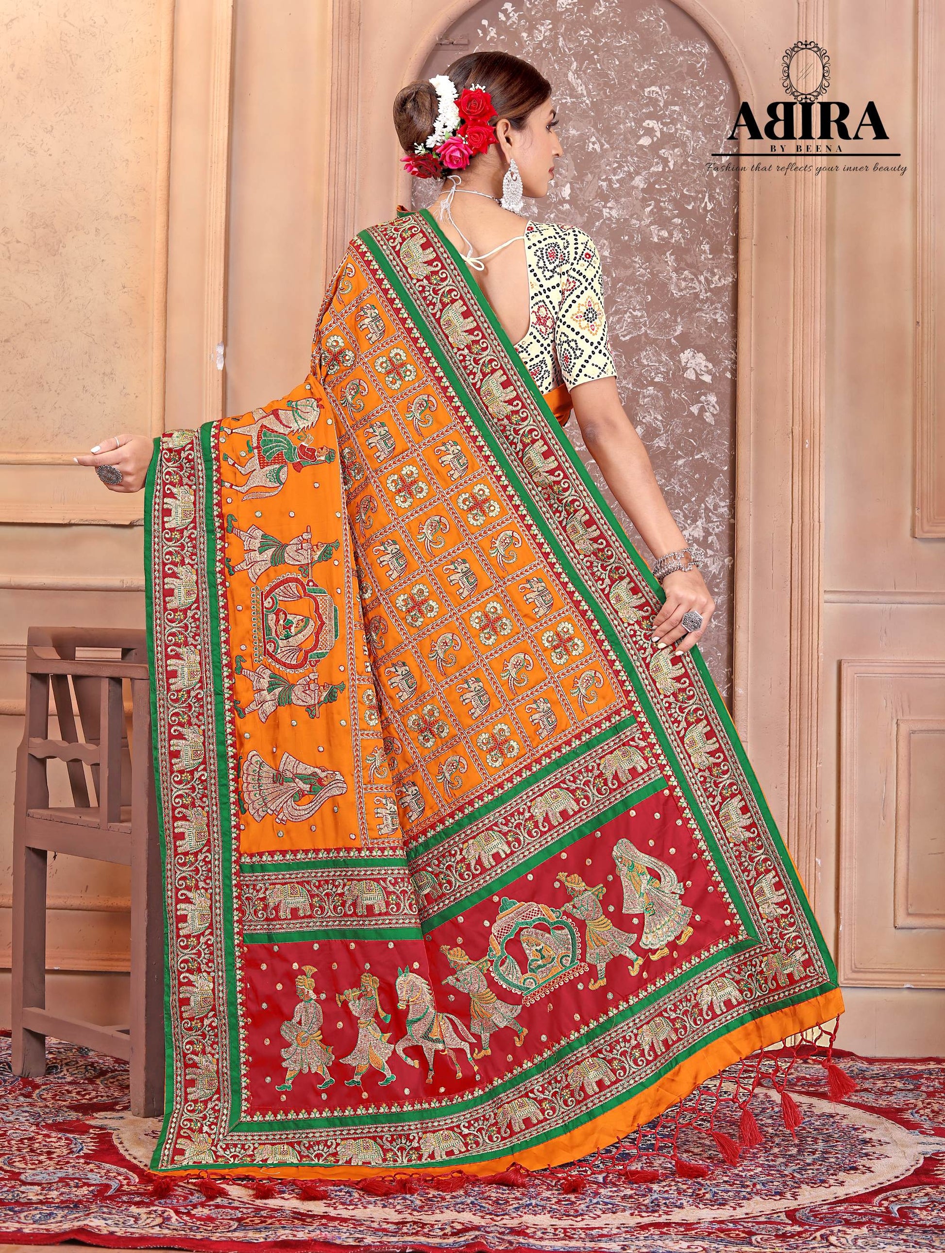 Mustered Yellow Embroidered Gaji Silk Gharchola - AbirabyBeena