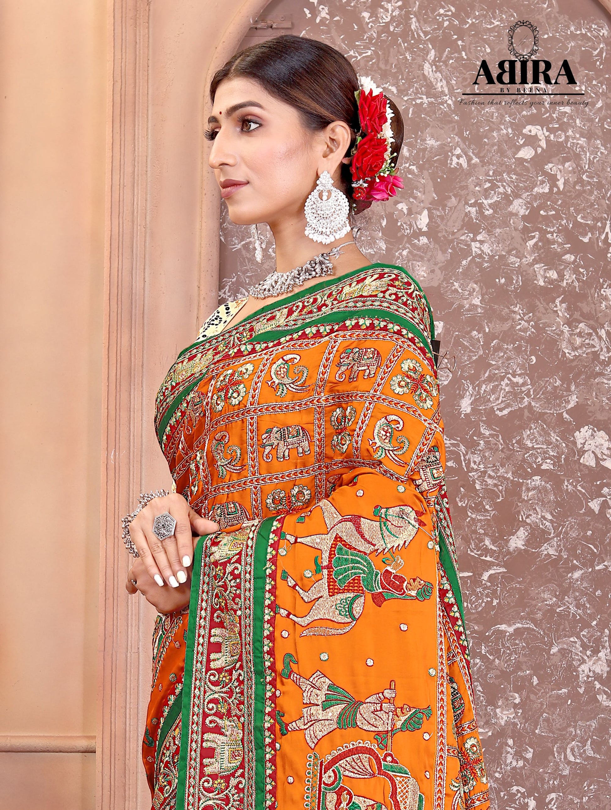 Mustered Yellow Embroidered Gaji Silk Gharchola - AbirabyBeena