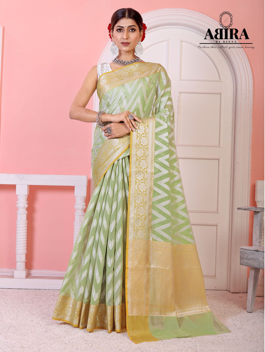 Light Olive Green Kora Organza soft silk - AbirabyBeena